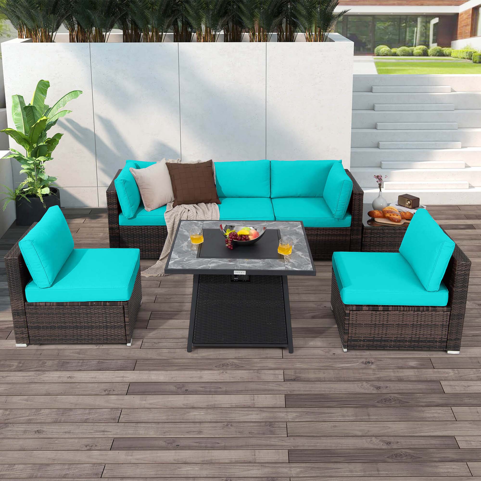Alt View 1. Costway - 7 PCS Patio Furniture Set with 35" Propane Gas Fire Pit Table & Waterproof Cover - Turquoise.