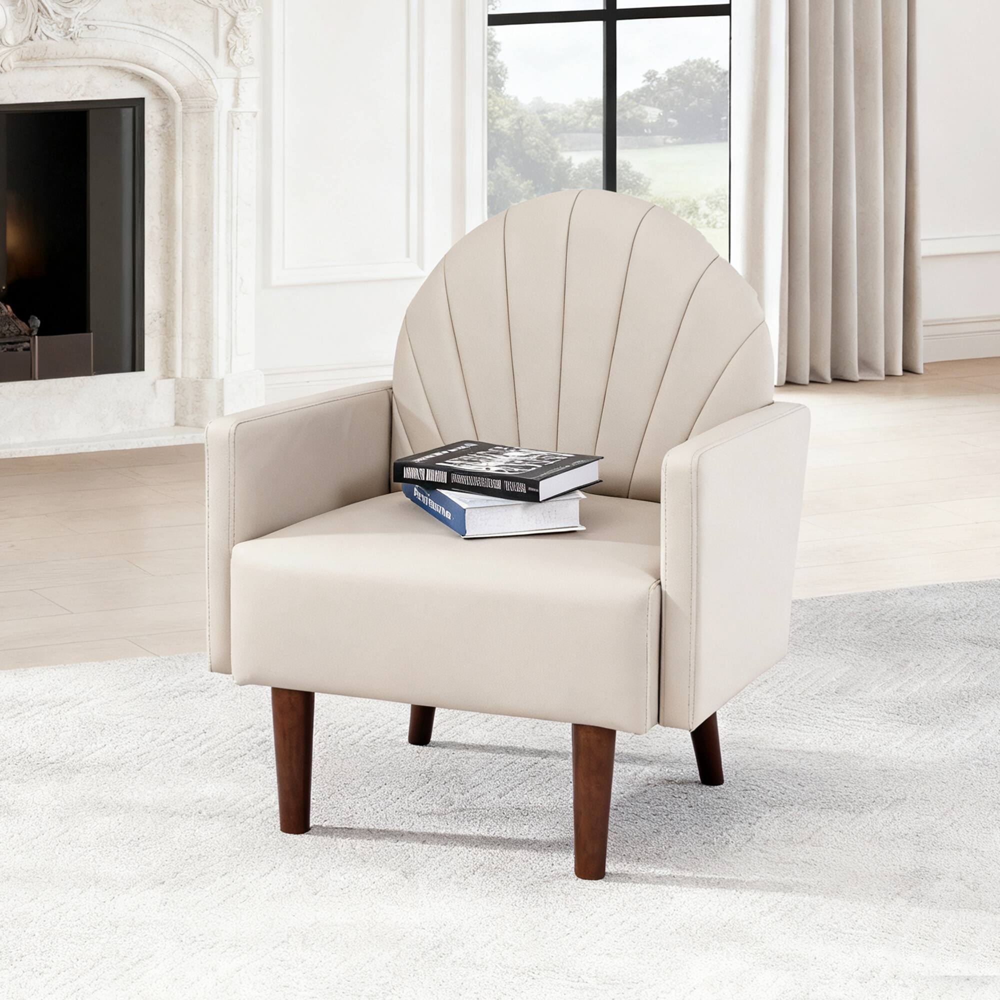 Back. GOODSILO - Contemporary Shell-Shaped Armchair with Upholstered Comfort and Wooden Legs for Versatile Home Decor - Khaki.