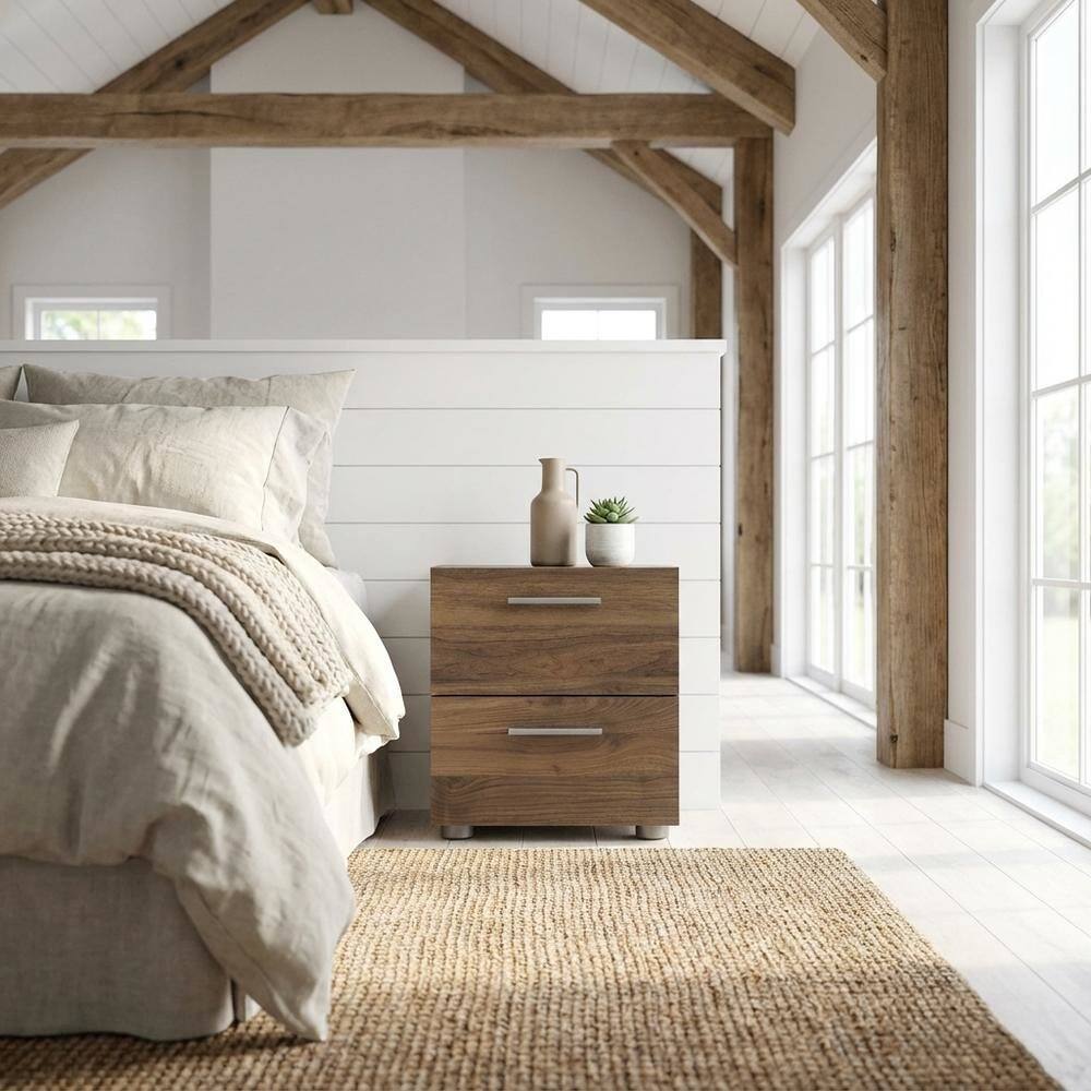 Angle. FurniFact - Walnut Nightstand with 2 Drawers and Timeless Style for Bedroom Storage - Brown.