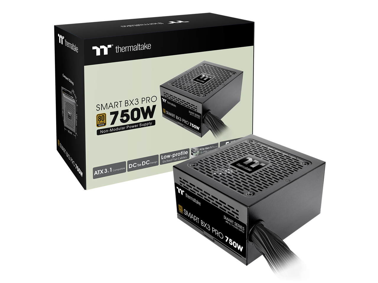2 DALA & 1 trematalve "thermaltake TTM - BX3 PRO 750W SMART F SMART idmne - 80 PLUS - 750W Supply X3 PRO SRES Modular Power 750W Non Gen S. Jas 4 PCle S-PING oA Low-profile Flat Cables ES DC Devigh Etched 50 ATX 3.1 compante DC to thermatae 17 17 thermaltale SMART SMART HOKS BX3 23 PONES SERIES PRO 750W