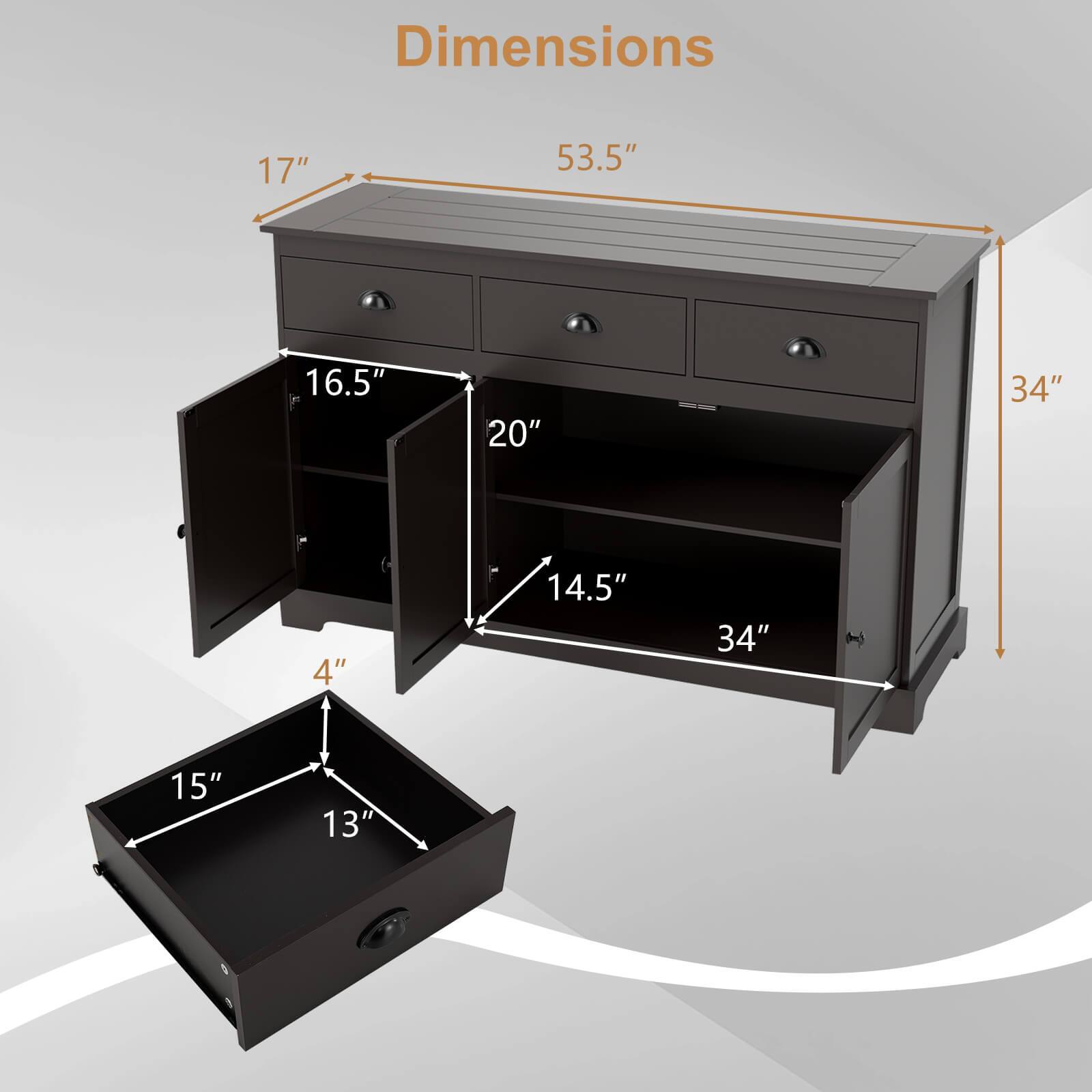 Dimensions: 17", 53.5", 16.5", 20", 34", 4", 14.5", 34", 15", 13"