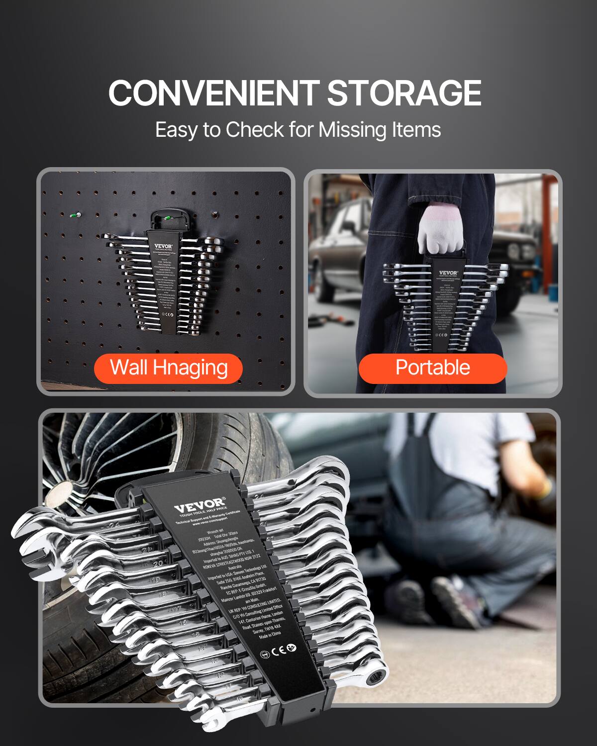 CONVENIENT STORAGE  
Easy to Check for Missing Items  

Wall Hanging  

Portable  

VEVOR  
TOOL SET & ESSENTIALS  
24 PCS  
TOOL SET & ESSENTIALS  
24 PCS  

CE