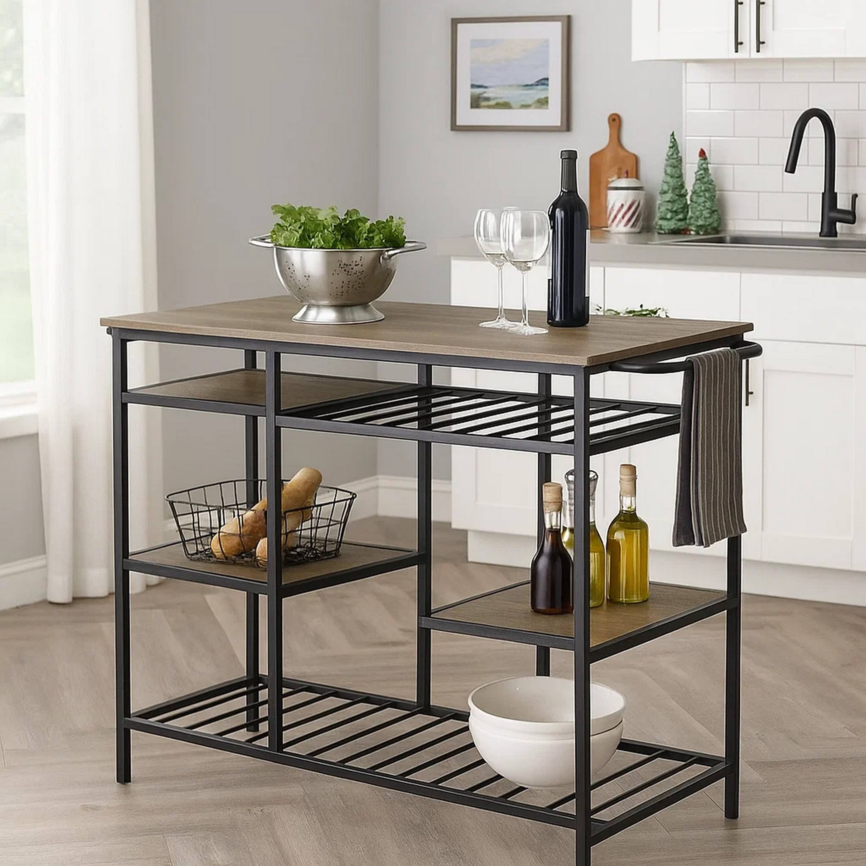 Alt View 3. Manhattan Lane - Kitchen Island with Slatted and Bottom Shelves - Brown.