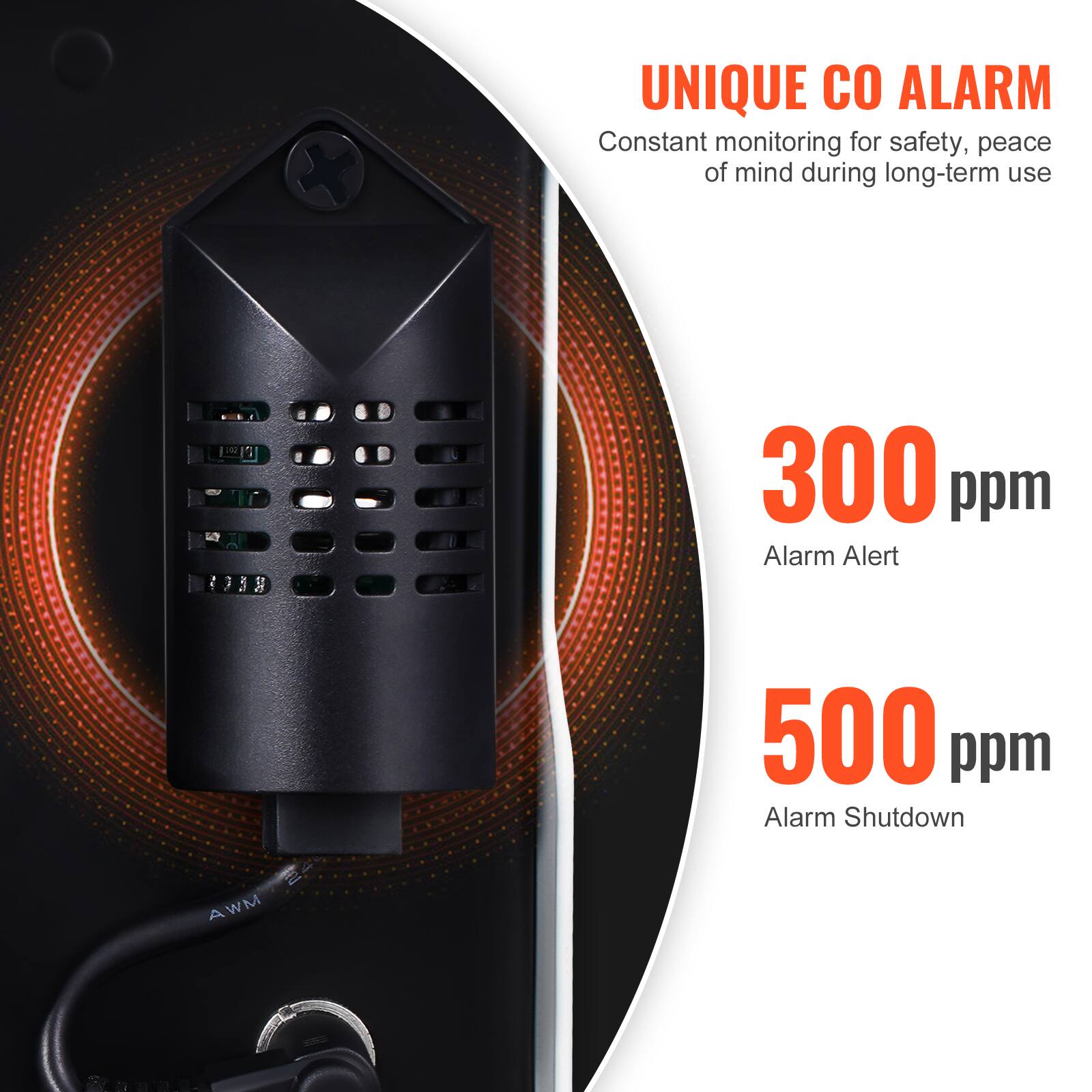 UNIQUE CO ALARM  
Constant monitoring for safety, peace of mind during long-term use

300 ppm  
Alarm Alert

500 ppm  
Alarm Shutdown