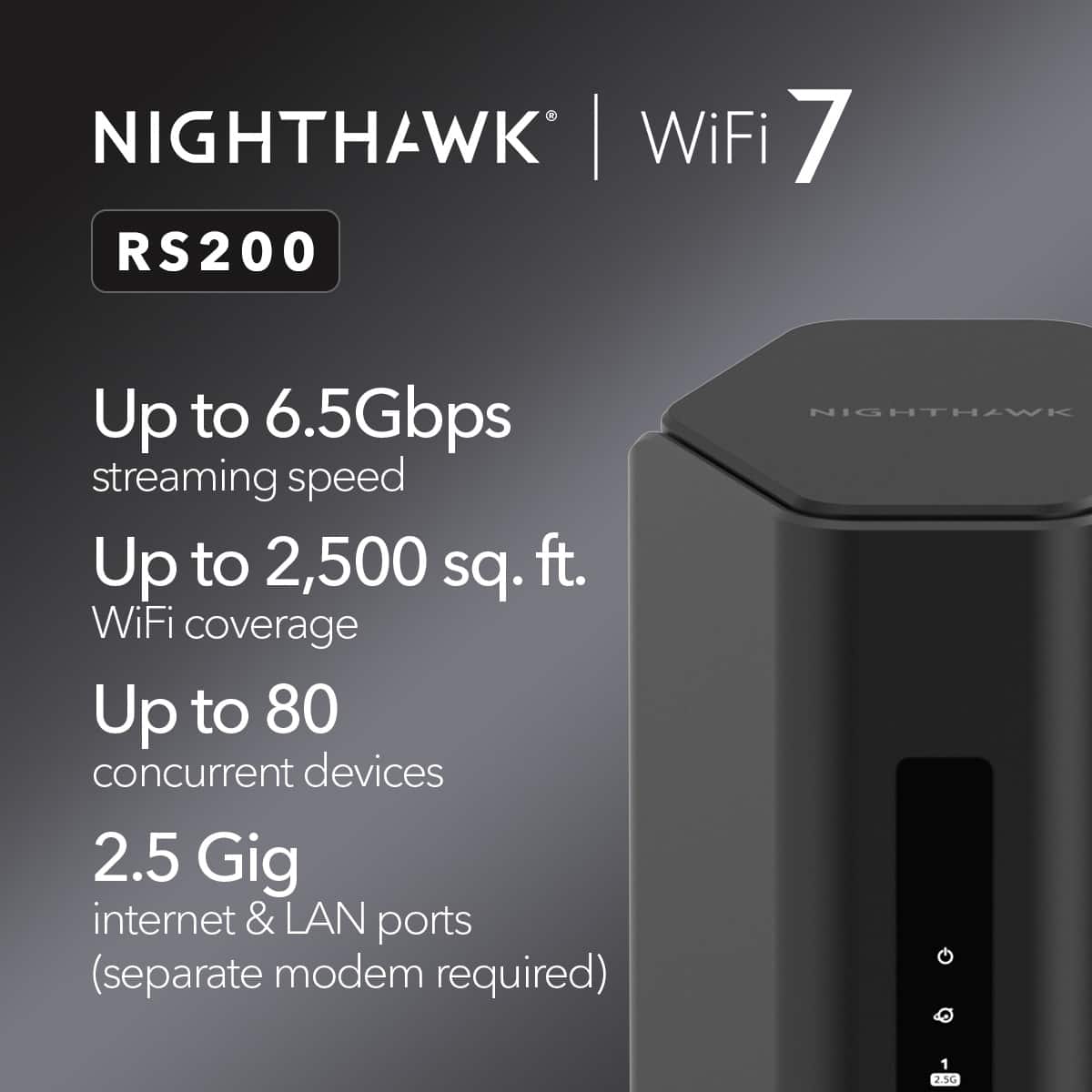 NIGHTHAWK WiFi 7 RS200
- Up to 6.5Gbps streaming speed
- Up to 2,500 sq. ft. WiFi coverage
- Up to 80 concurrent devices
- 2.5 Gig internet & LAN ports (separate modem required)