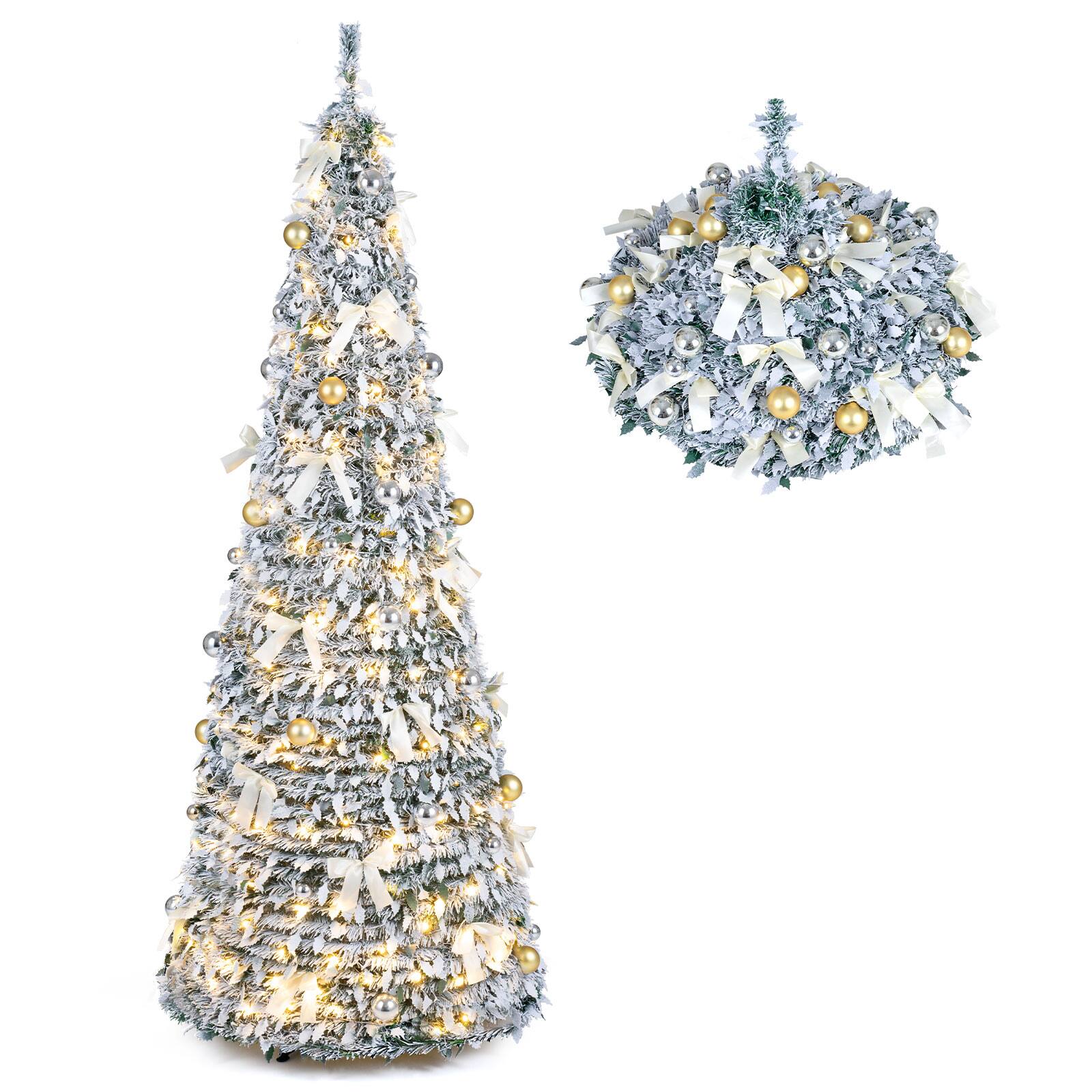 Alt View 1. Costway - Costway 7 ft Pop Up Flocked Christmas Tree with 30 Christmas Bows, 50 Balls, 180 LED Lights - Green & White.