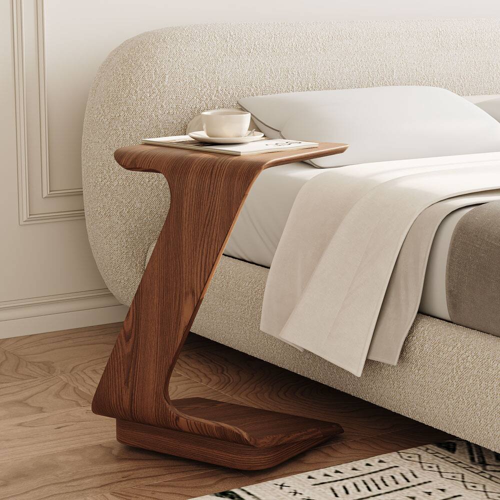 Angle. POVISON - 15" Modern C-Shaped Side Table with Wheels, Mid-Century Modern, Walnut Color End Table for Living Room - Walnut Color.