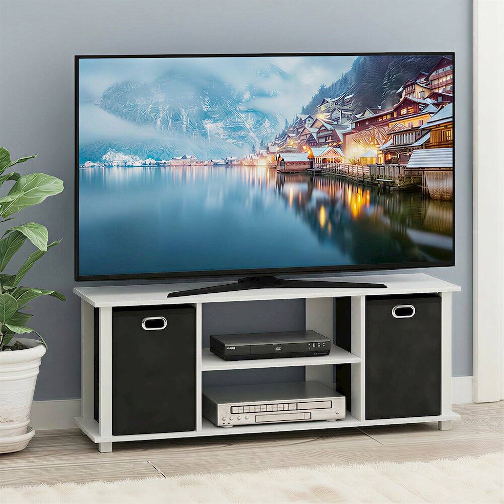Angle. Furinno - ECON TV Stand, 3-Tier Rectangular Entertainment Center with Open Back and Storage Bins for TV up to 46 Inch, TV Console - White/White/Black.