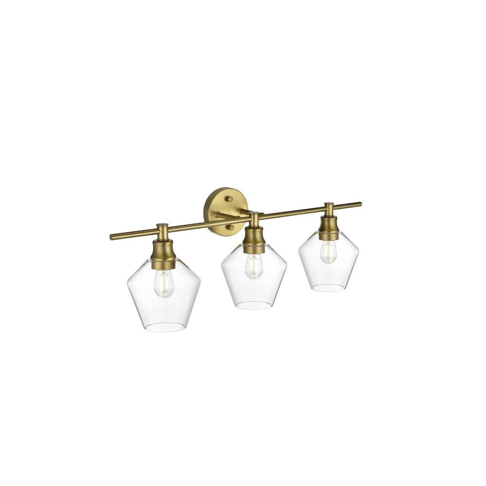 Front. Living District - Gene 3 Light Satin Gold and Clear Glass Wall Sconce - Satin Gold.