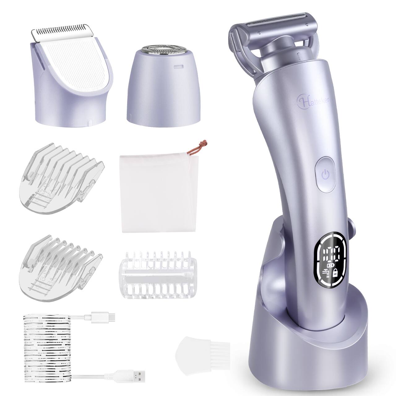 Front. HATTEKER - 3-in-1 Women’s Electric Shaver & Bikini Trimmer IPX7 Waterproof USB Rechargeable Razor for Legs, Underarms, Bikini Area - purple.