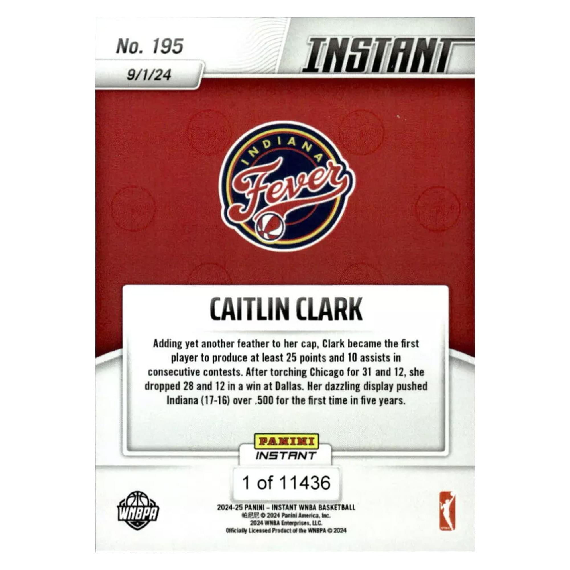 No. 195  
9/1/24  

INSTANT INDIANA Fever  
CAITLIN CLARK  

Adding yet another feather to her cap, Clark became the first player to produce at least 25 points and 10 assists in consecutive contests. After torching Chicago for 31 and 12, she dropped 28 and 12 in a win at Dallas. Her dazzling display pushed Indiana (17-16) over .500 for the first time in five years.  

PANINI INSTANT WNBA BASKETBALL  
1 of 11436  
2024-25 PANINI INSTANT WNBA BASKETBALL  
© 2024 Panini America Inc.  
© 2024 WNBA Enterprises LLC  
Officially Licensed Product of the WNBA © 2024