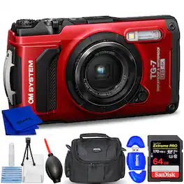 Olympus - OM SYSTEM Tough TG-7 Digital Camera V110030RU000 - 7PC Accessory Bundle - Red