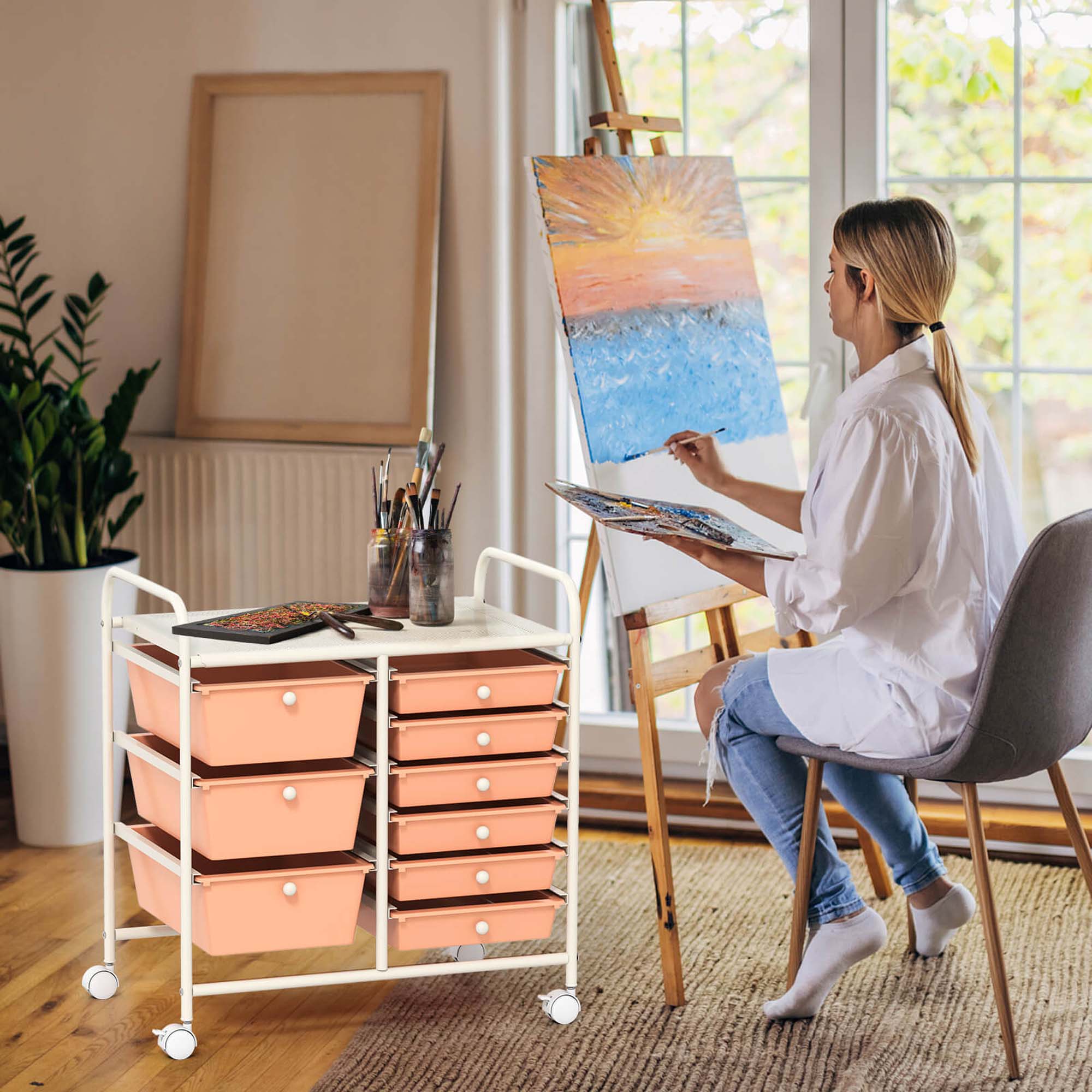 Alt View 4. Costway - Costway 9 Drawer Rolling Organizer Cart Utility Storage Tools Scrapbook Paper Multi-Use Light Pink - Light Pink.