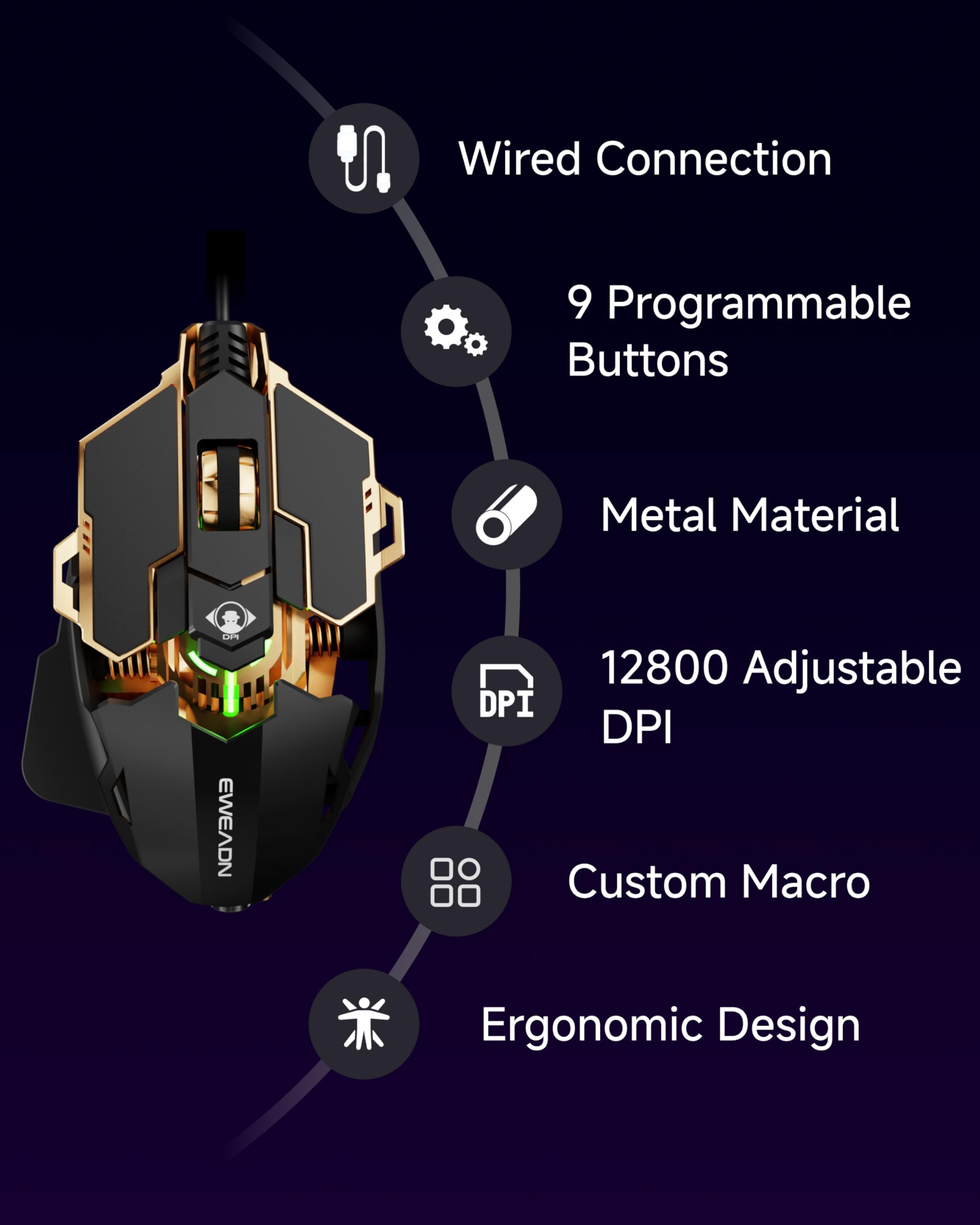 - Wired Connection
- 9 Programmable Buttons
- Metal Material
- 12800 Adjustable DPI
- Custom Macro
- Ergonomic Design