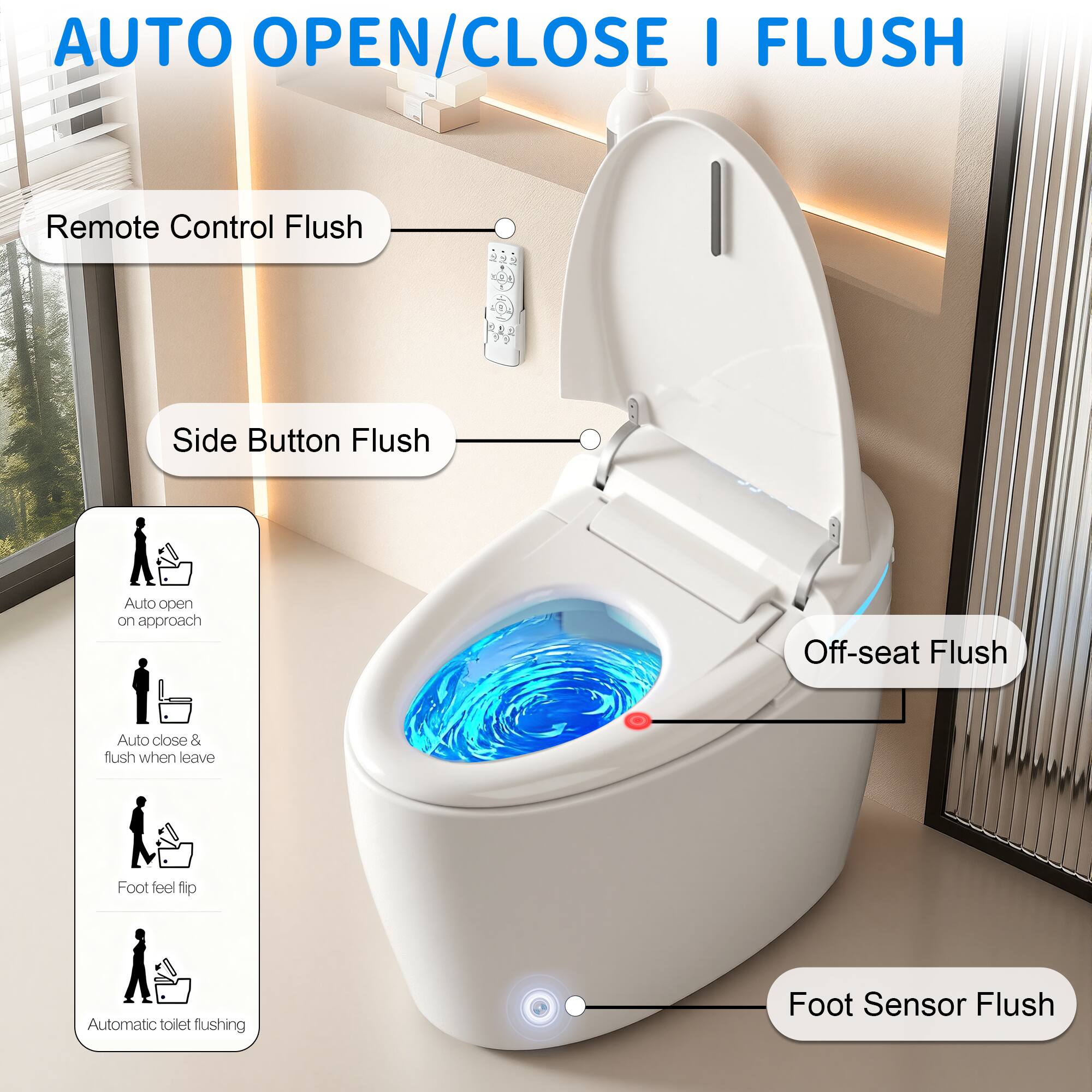 AUTO OPEN/CLOSE I FLUSH

- Remote Control Flush
- Side Button Flush
- Auto open on approach
- Auto close & flush when leave
- Foot feel flip
- Automatic toilet flushing
- Off-seat Flush
- Foot Sensor Flush