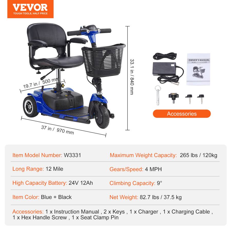 Vevor Owner VEVOR 3 Wheel Folding Mobility Scooter for Adults & Seniors, Heavy Duty ...