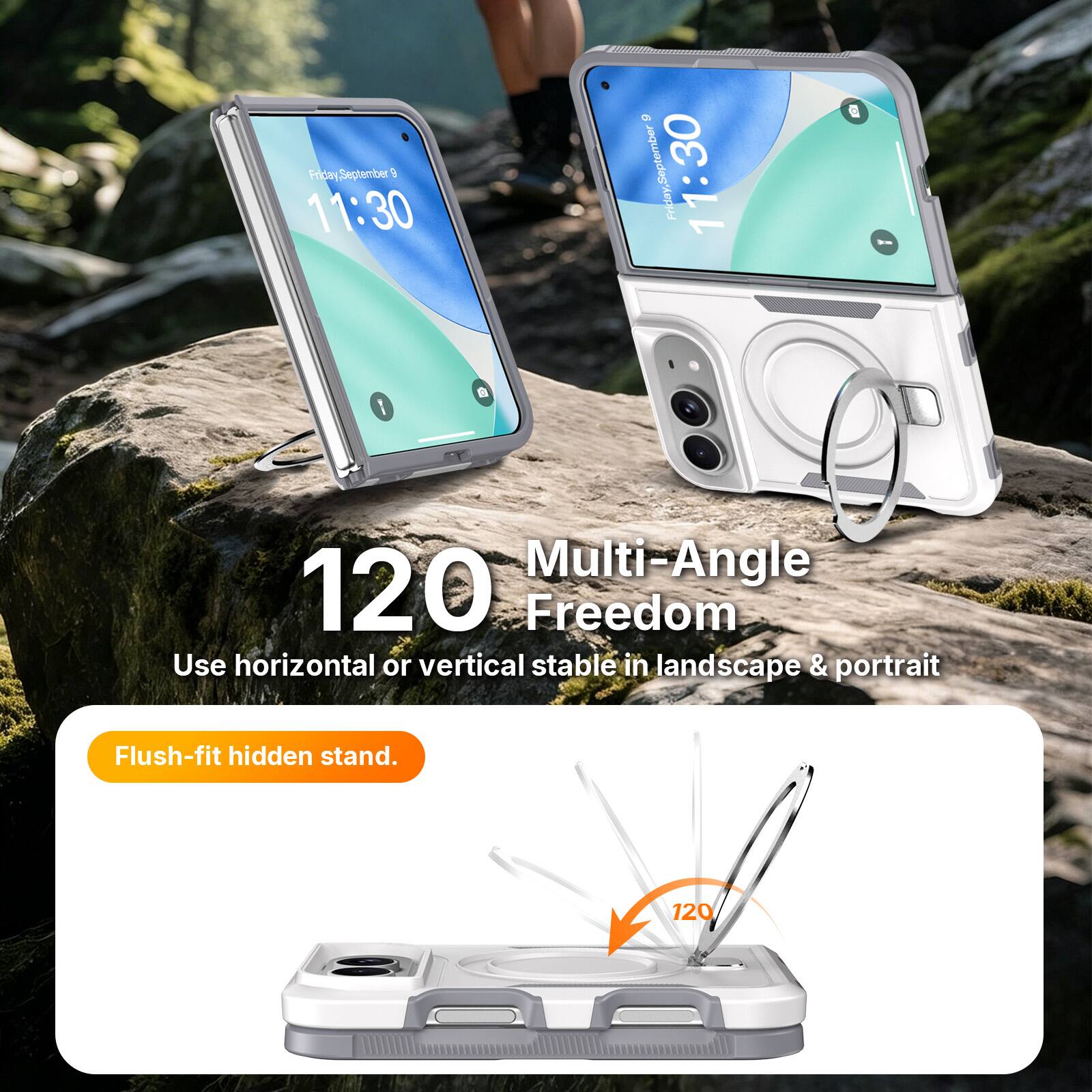 Friday September 9 11:30

Multi-Angle Freedom
Use horizontal or vertical stable in landscape & portrait

Flush-fit hidden stand.