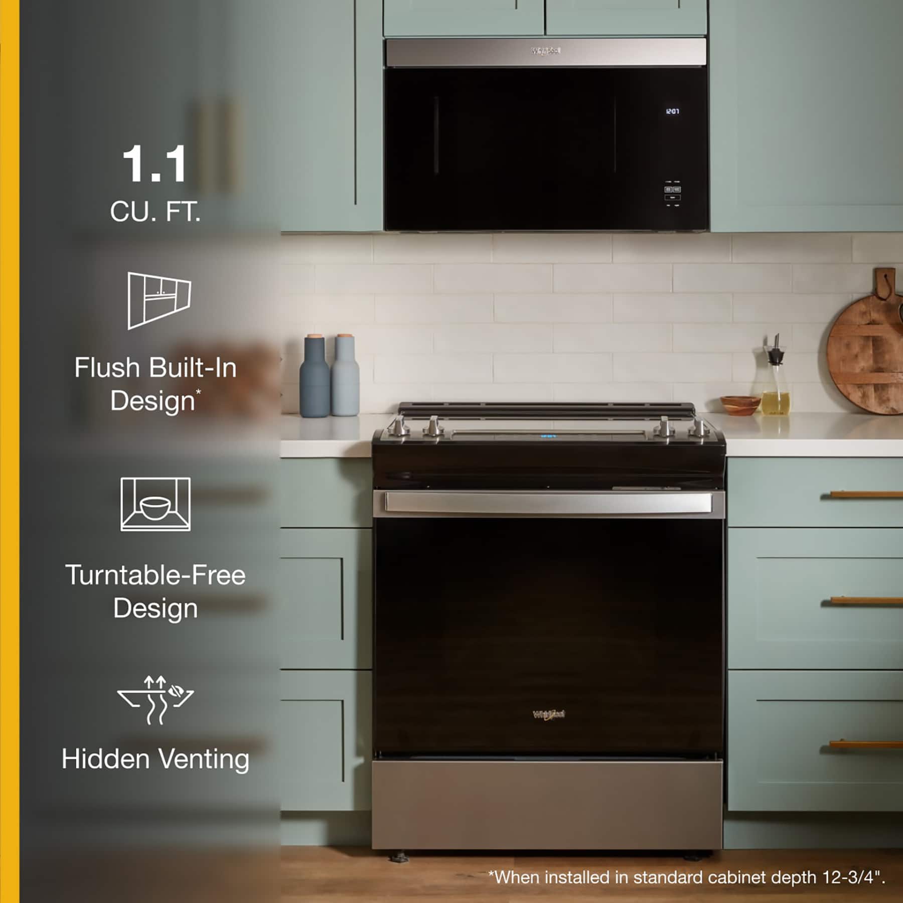 The text on the image is grouped and corrected as follows:
1.1 CU. FT. -- Flush Built-In Design Turntable-Free Design w/ Hidden Venting *When installed in standard cabinet depth 12-3/4".