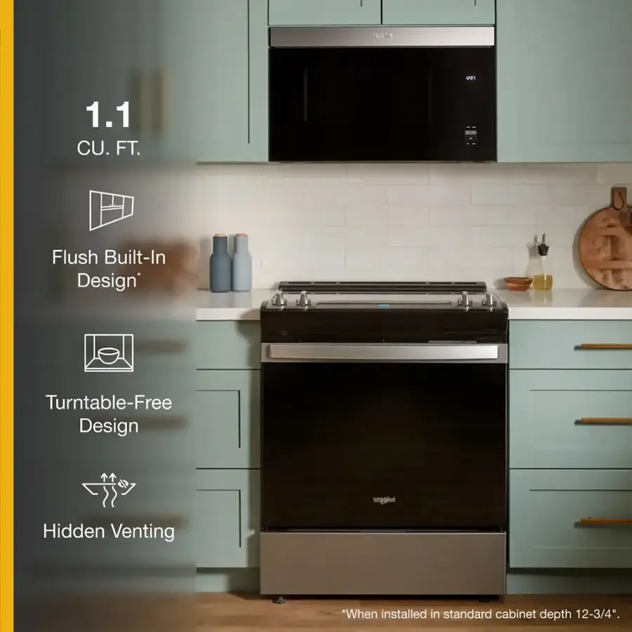 The text on the image is grouped and corrected as follows:

1.1 CU. FT. -- Flush Built-In Design Turntable-Free Design w/ Hidden Venting *When installed in standard cabinet depth 12-3/4".
