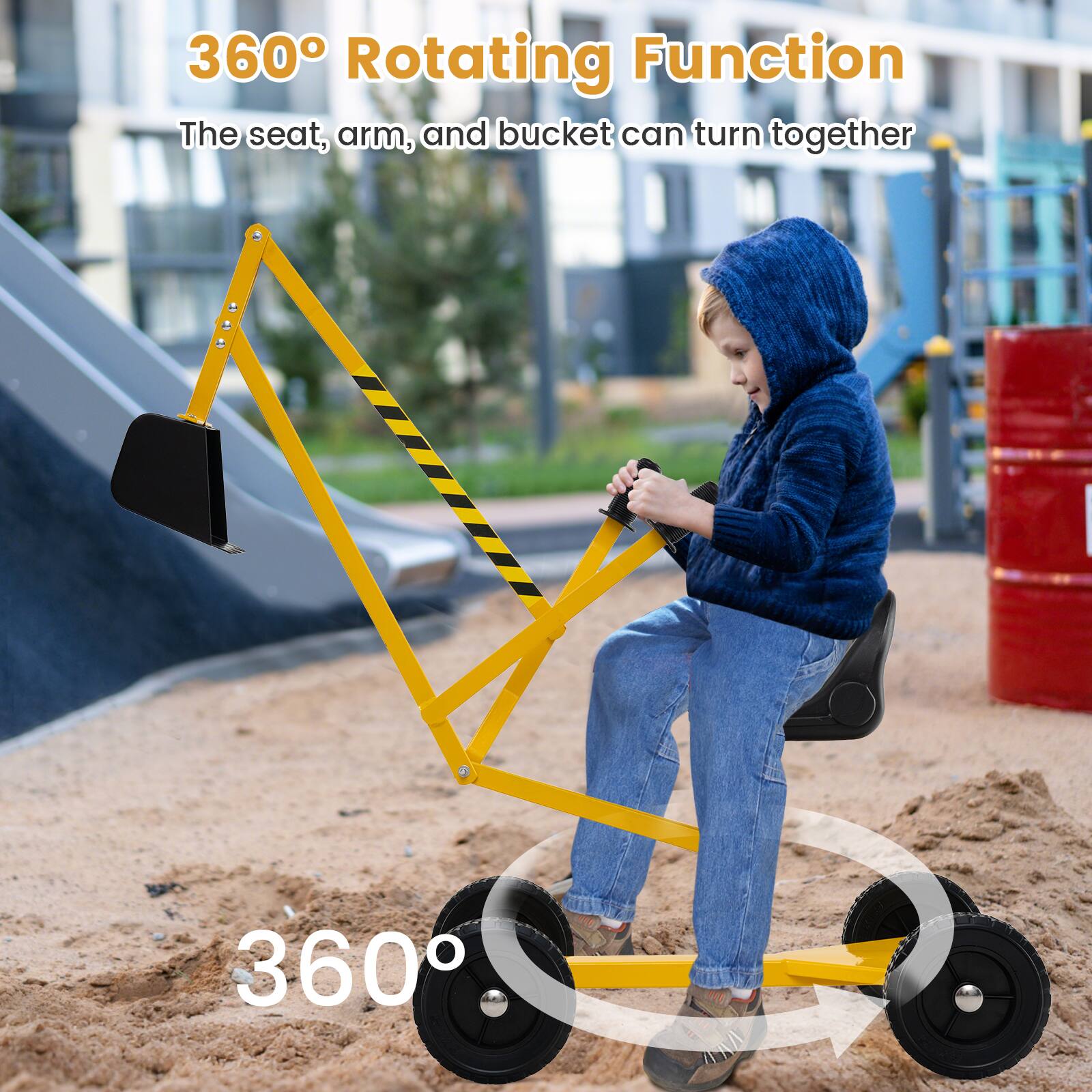 360° Rotating Function  
The seat, arm, and bucket can turn together