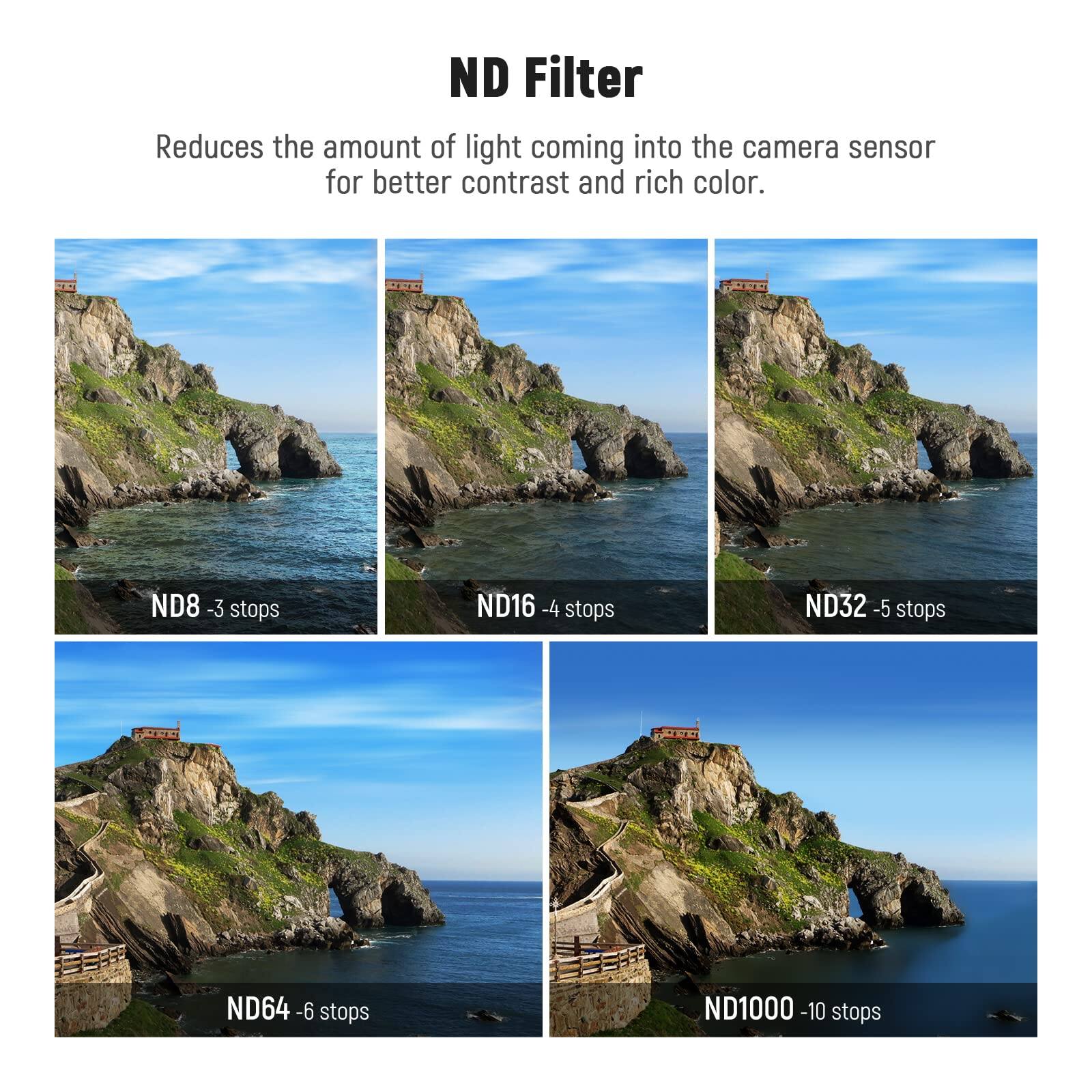 ND Filter  
Reduces the amount of light coming into the camera sensor for better contrast and rich color.

- ND8 - 3 stops
- ND16 - 4 stops
- ND32 - 5 stops
- ND64 - 6 stops
- ND1000 - 10 stops