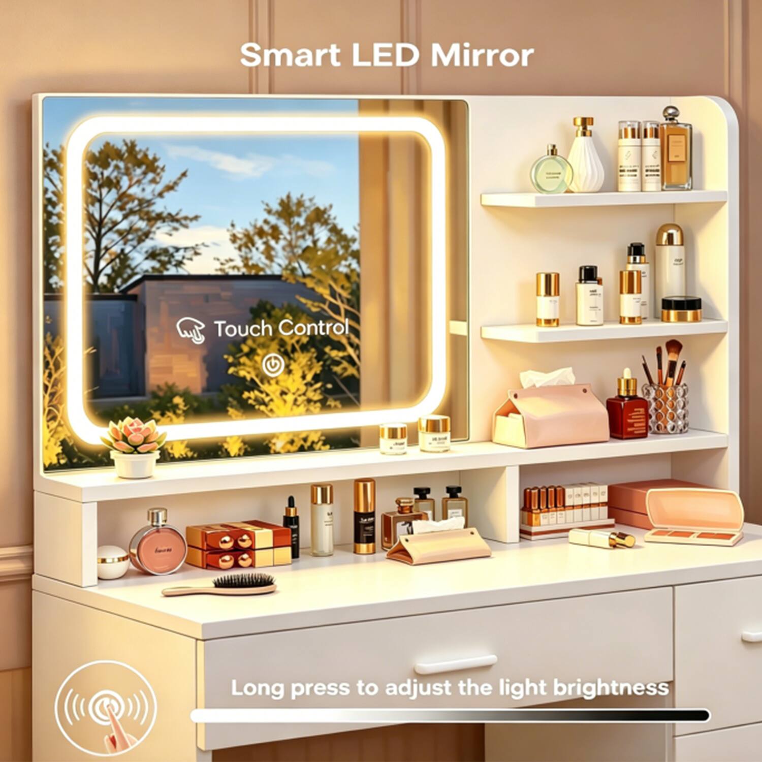 Smart LED Mirror Touch Control Long press to adjust the light brightness