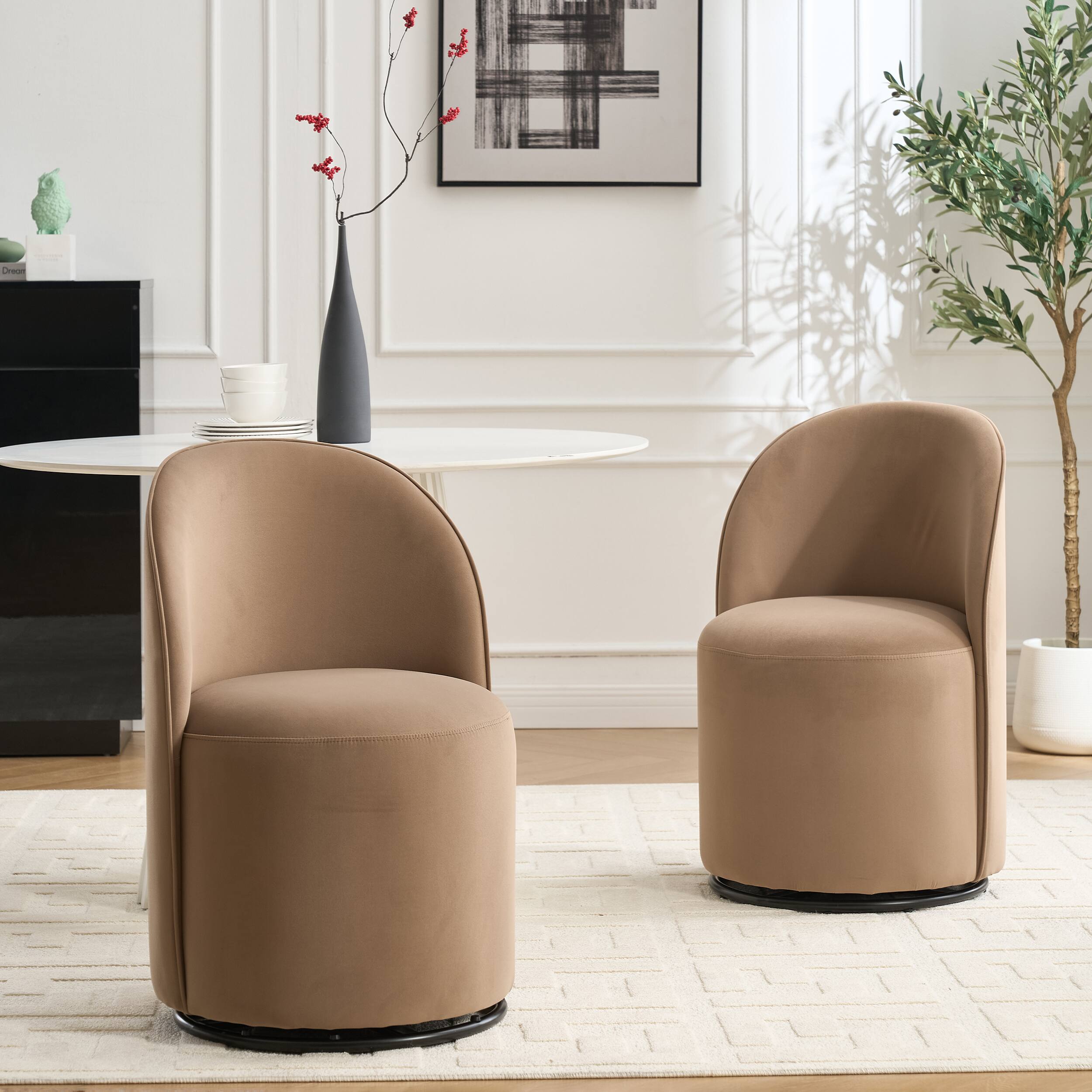 Left. Tiramisubest - Set of 1 Upholstered Barrel Chair,Mid Century Modern Round Velvet Dining Chair,360°Swivel Comfy Armless Accent Chair - Brown.