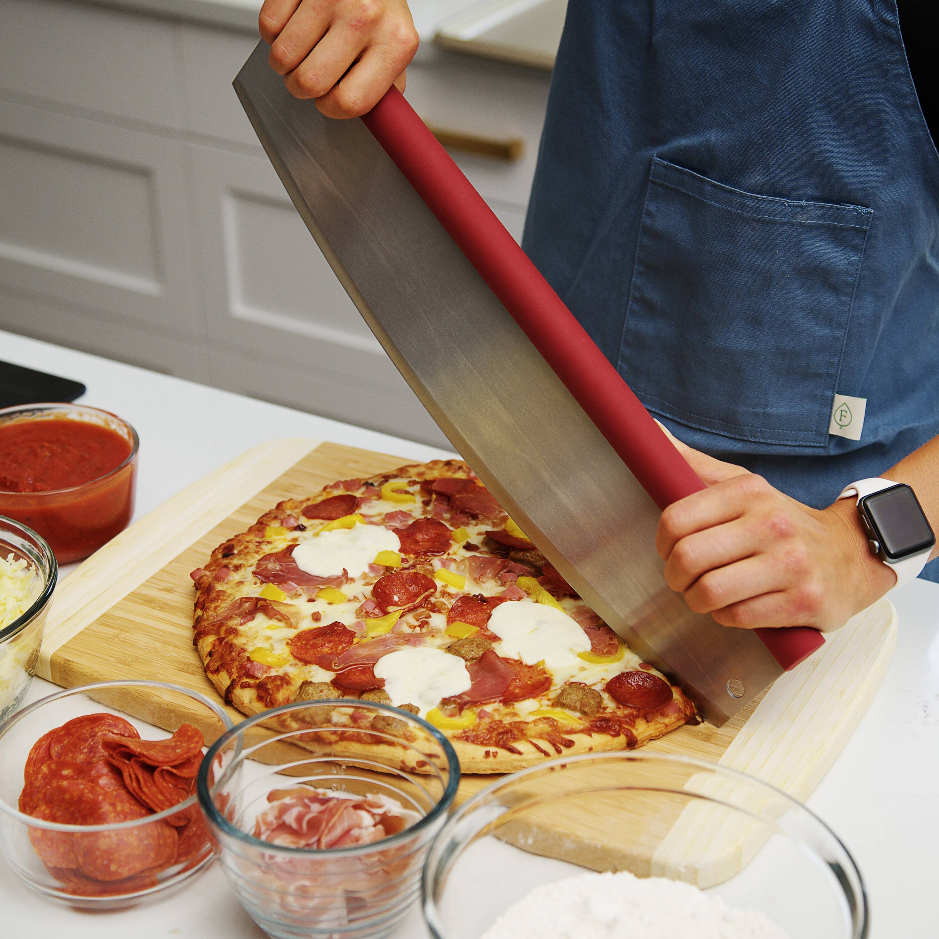 Back. Escali - Old Stone Pizza Rocker with Comfort Grip Handle, 18-Inch - Red/Silver.