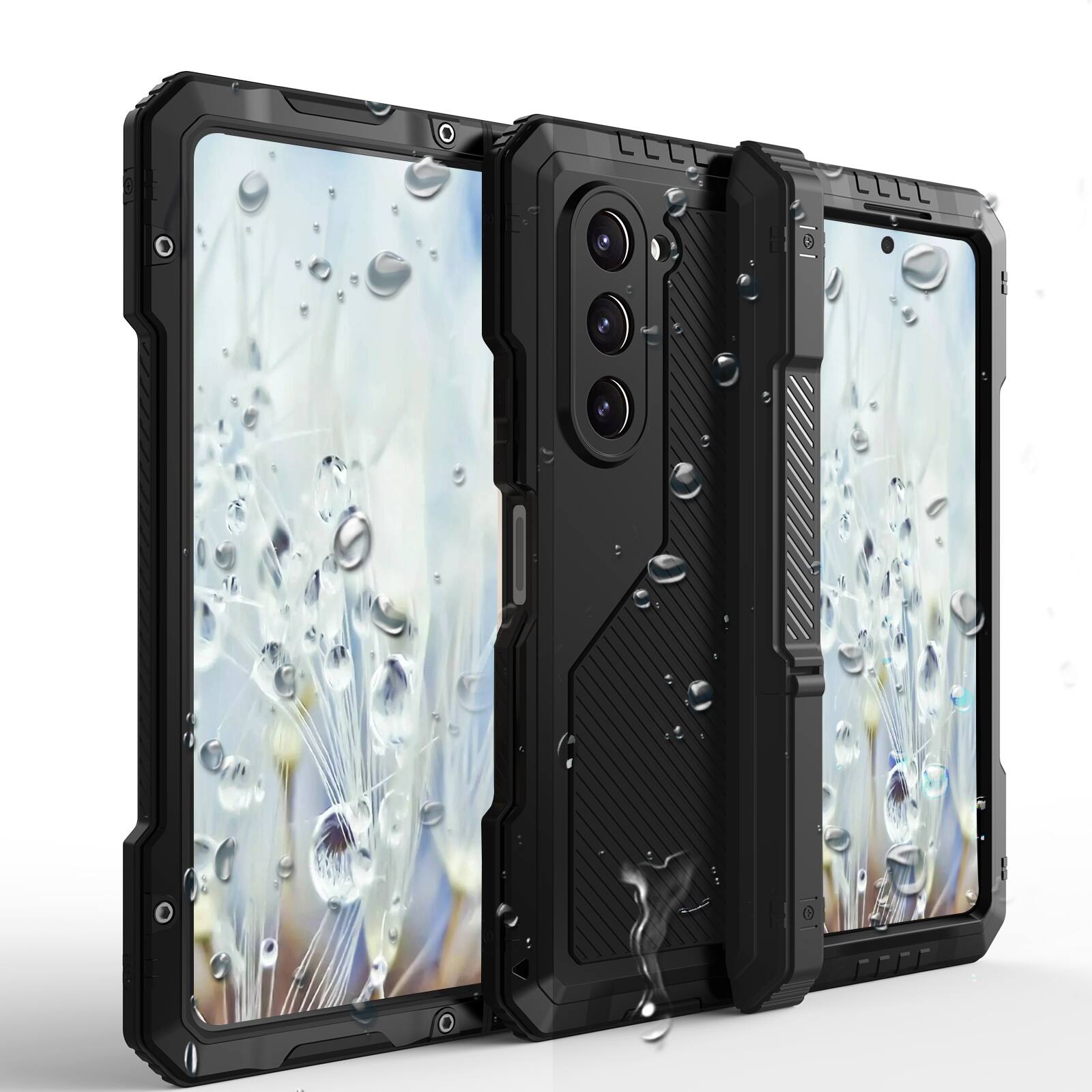 Alt View 5. Dteck - for Samsung Galaxy Z Fold 5 Case with S Pen Holder,Heavy Duty Metal Rubber Hybrid Shockproof Case with Hinge Protection - Black.