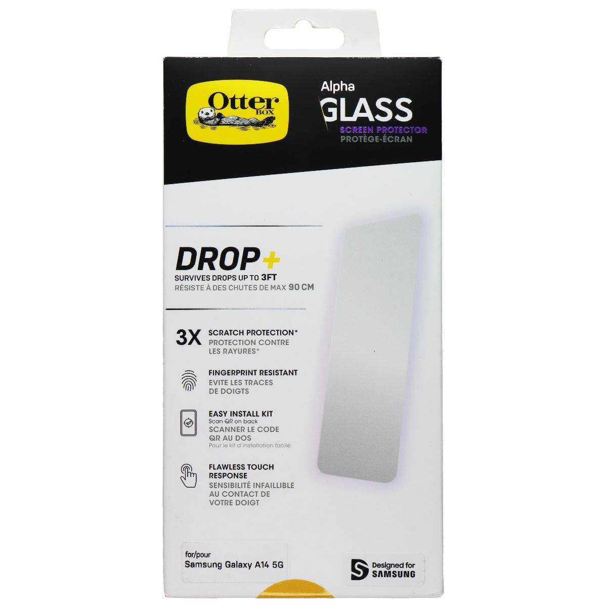 Alpha Otter GLASS BOX SCREEN PROTECTOR PROTEGE-ÉCRAN DROP + SURVIVES DROPS UP TO 3FT RESISTE A DES CHUTES DE MAX 90 CM 3X PROTECTION CONTRE LES RAYURES* FINGERPRINT RESISTANT EVITE LES TRACES DE DOIGTS EASY INSTALL KIT Scan en back SCANNER LE CODE QR AU DOS Pour ki a r'installation facile FLAWLESS TOUCH RESPONSE SENSIBILITÉ INFAILLIBLE AU CONTACT DE VOTRE DOIGT for/pour Samsung Galaxy A14 5G Designed for SAMSUNG