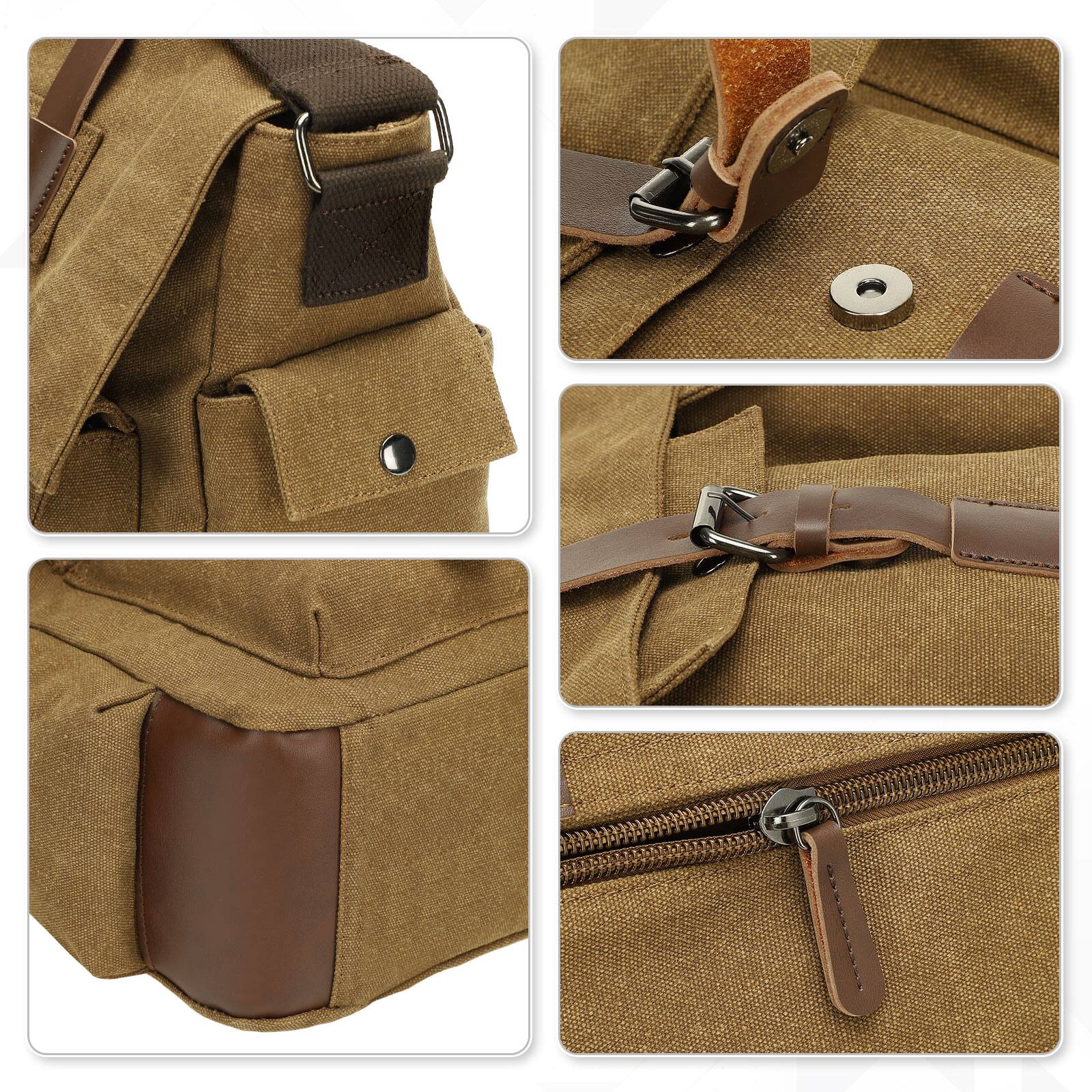 Alt View 4. Unique Bargains - Canvas Crossbody Bag for Men and Women, Vintage Shoulder Bag, Multiple Pockets, Fits 13" Laptops - Coffee.