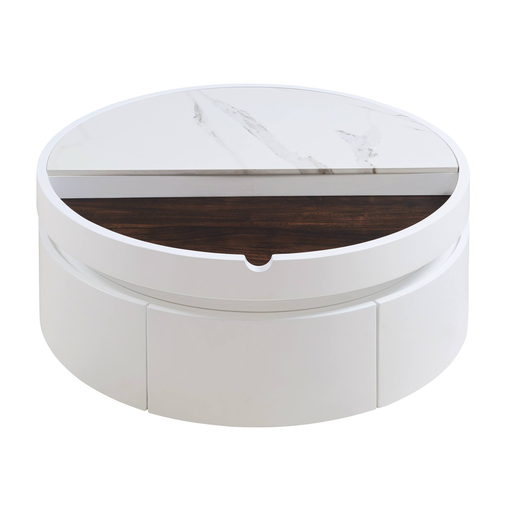 Alt View 7. GOODSILO - Round Lift-Top Coffee Table with Drawer and Dual-Tone Marble Wood Grain Design - White+Walnut.