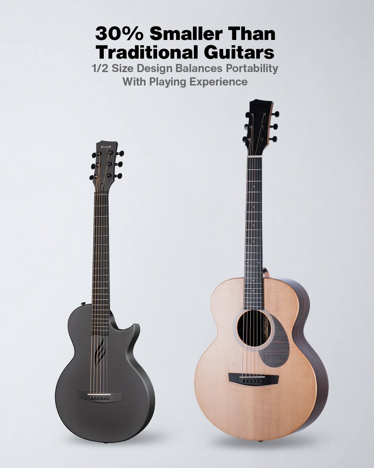 30% Smaller Than Traditional Guitars  
1/2 Size Design Balances Portability With Playing Experience