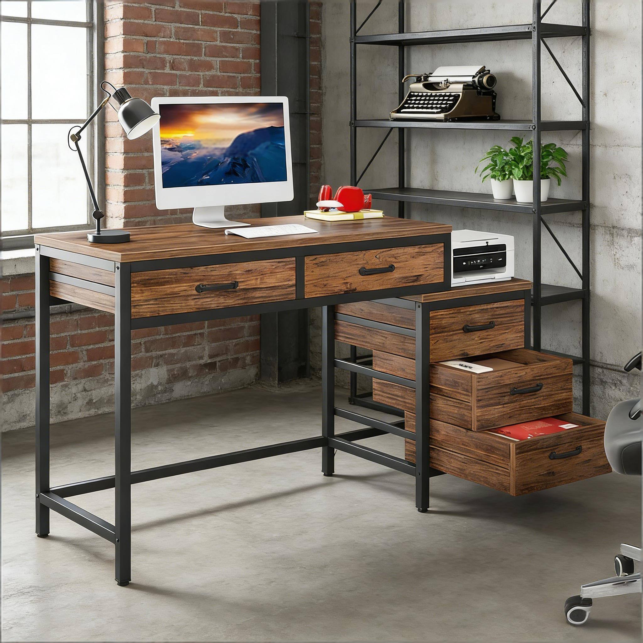 Forest'nSky - Modern Computer Desk with Drawer Cabinet, Writing Table & Spacious Office Workstation - Rustic Brown - Thumbnail 2
