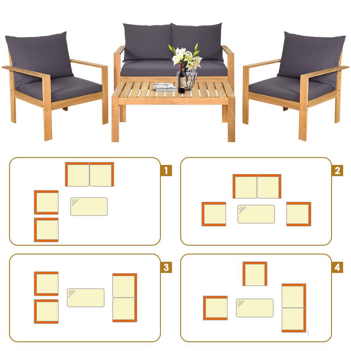 Alt View 7. Gymax - Gymax 8PCS Cushioned Wooden Conversation Set Patio Outdoor Furniture Set with Cover - Grey.