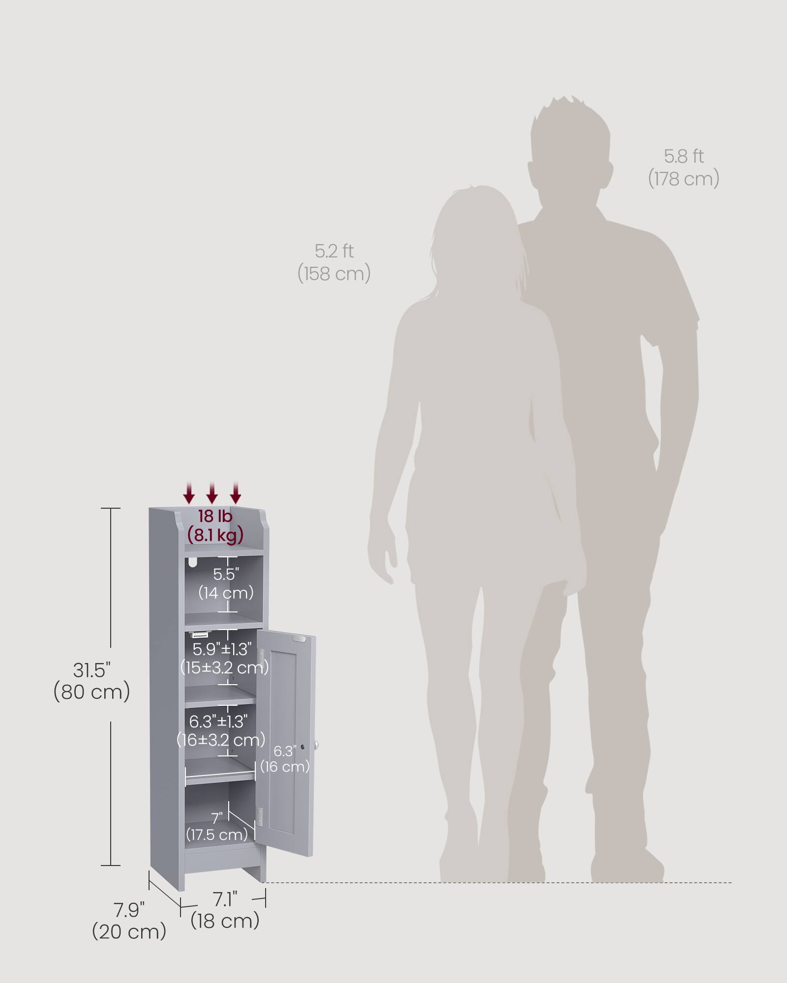 5.8 ft (178 cm)  
5.2 ft (158 cm)  
18 lb (8.1 kg)  
5.5" (14 cm)  
31.5" (80 cm)  
5.9" ±1.3" (163.2 cm)  
6.3" ±1.3" (16 cm)  
7" (17.5 cm)  
7.9" (20 cm)