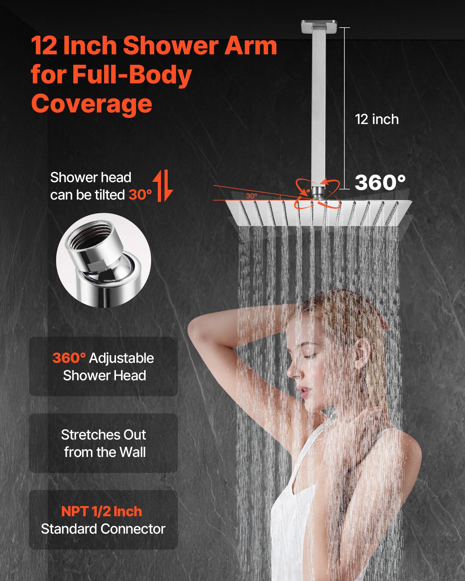 12 Inch Shower Arm for Full-Body Coverage, 12 inch Shower head can be tilted 30°, 360° Adjustable Shower Head, Stretches Out from the Wall, NPT 1/2 Inch Standard Connector