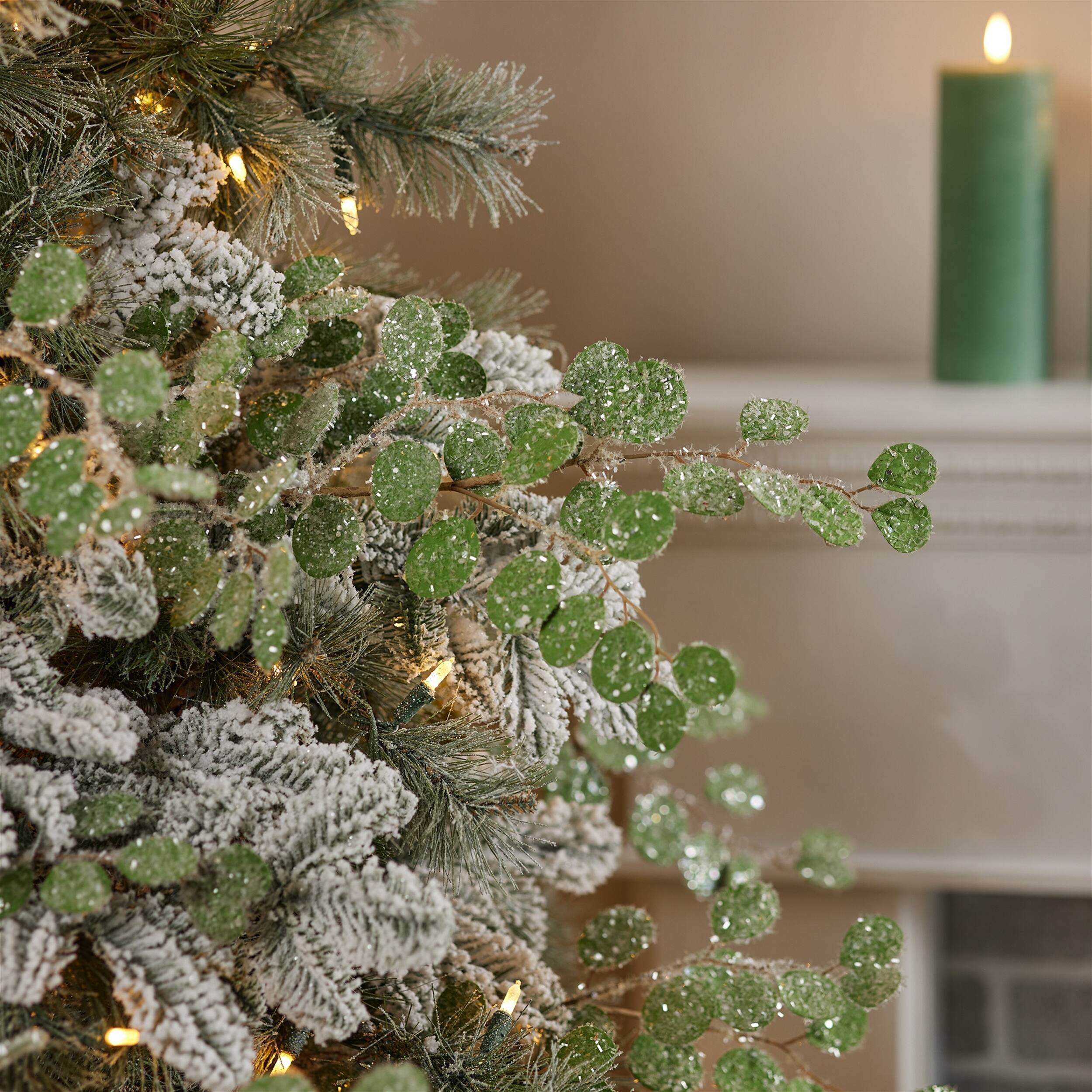 Angle. BreeBe - Frosted Silver Dollar Eucalyptus Spray (Set of 12) - Green, Brown, Silver.