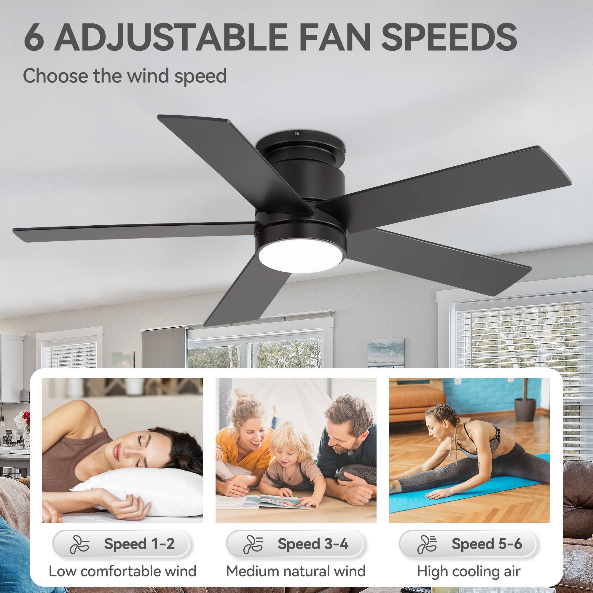6 Adjustable Fan Speeds  
Choose the wind speed  

Speed 1-2  
Low comfortable wind  

Speed 3-4  
Medium natural wind  

Speed 5-6  
High cooling air