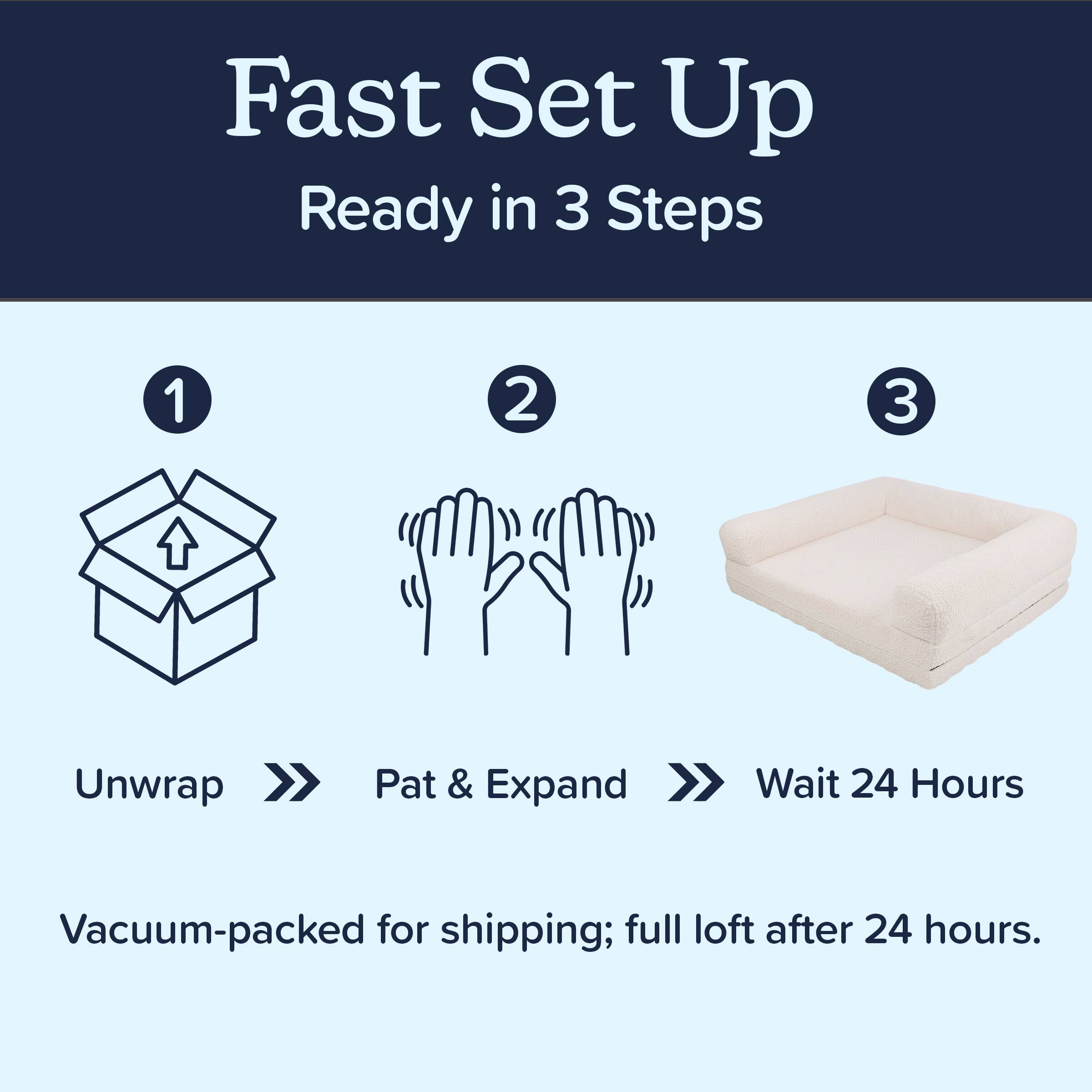 Fast Set Up  
Ready in 3 Steps

1. Unwrap  
2. Pat & Expand  
3. Wait 24 Hours

Vacuum-packed for shipping; full loft after 24 hours.