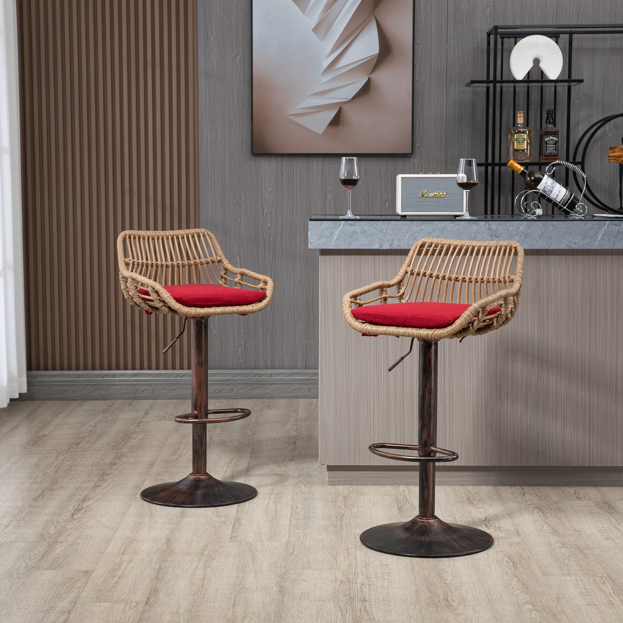 Trinkets Crazed - Rattan Bar Stools Set of 2, Adjustable Barstools with Linen Cushion, 360° Swivel Bar Stool for Kitchen and Bar - Red