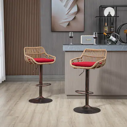 Front. Trinkets Crazed - Rattan Bar Stools Set of 2, Adjustable Barstools with Linen Cushion, 360° Swivel Bar Stool for Kitchen and Bar - Red.