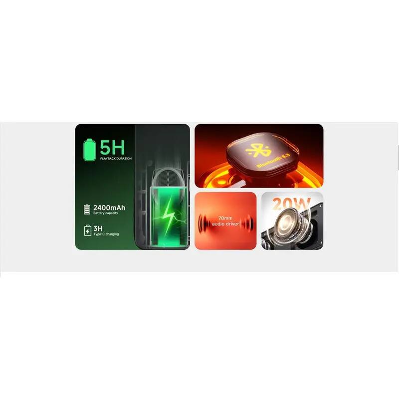 5H PLAYBACK DURATION  
Bluetooth 5.3  
2400mAh Battery capacity  
3H Type-C charging  
70mm audio driver  
20W