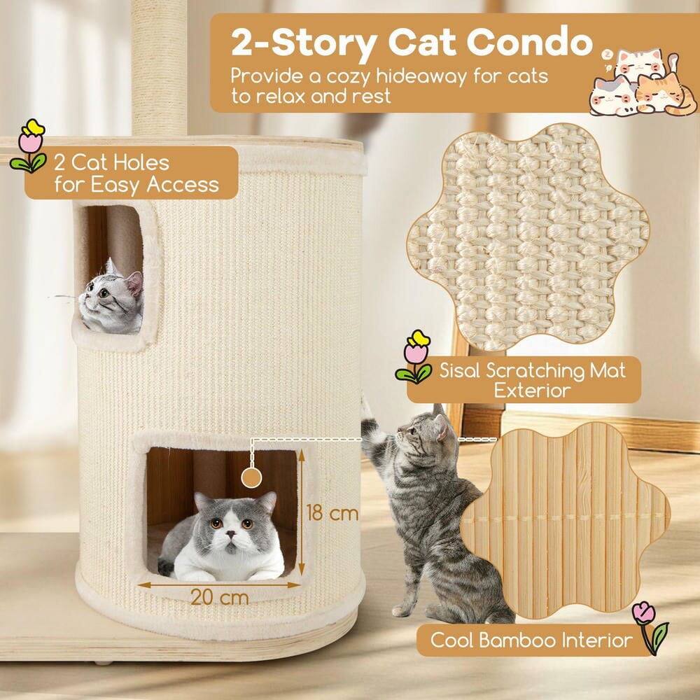 2-Story Cat Condo  
Provide a cozy hideaway for cats to relax and rest  

2 Cat Holes for Easy Access  

Sisal Scratching Mat Exterior  

Cool Bamboo Interior  

18 cm  
20 cm