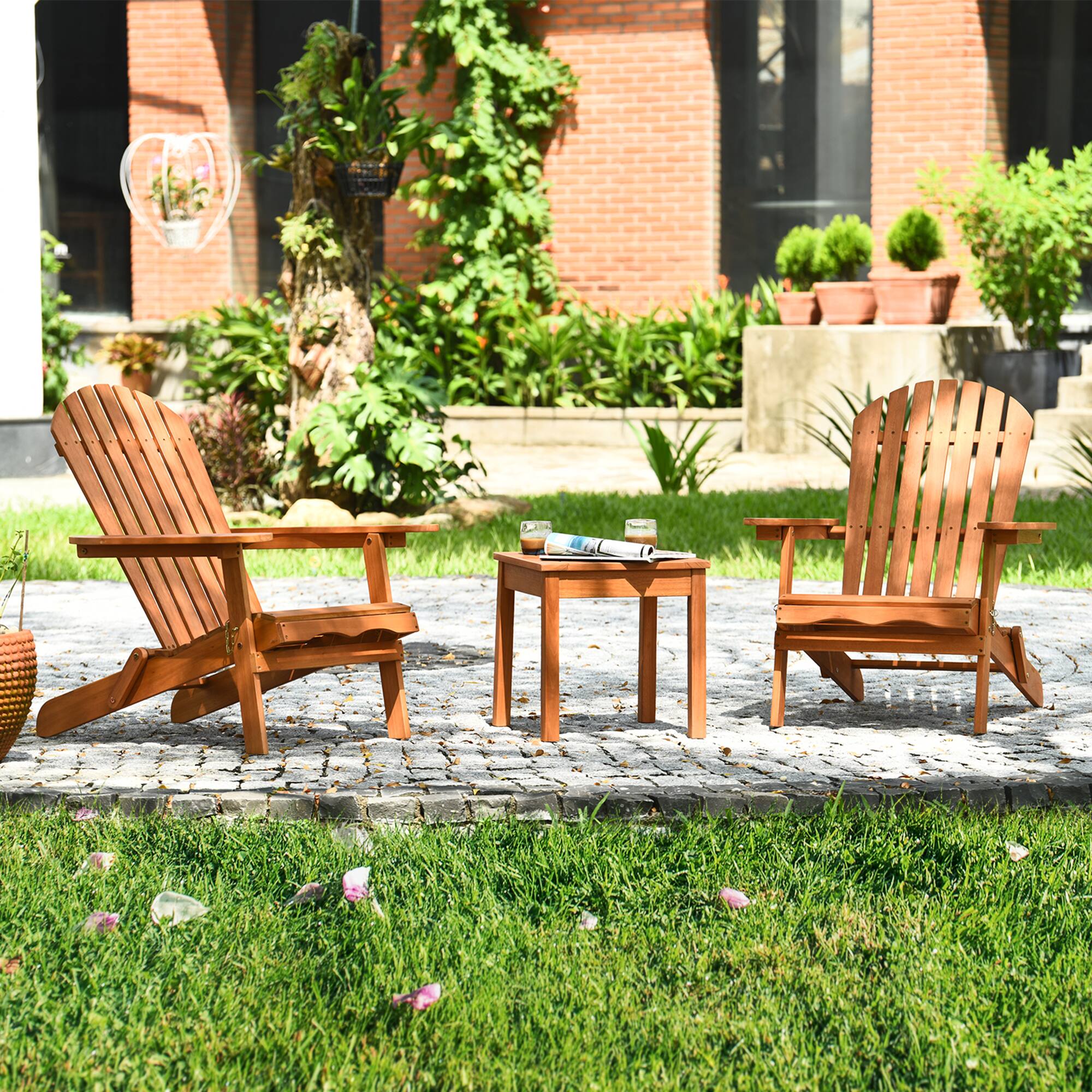 Gymax - 3PCS Eucalyptus Adirondack Chair Set w/ Side Table Outdoor Patio - Natural