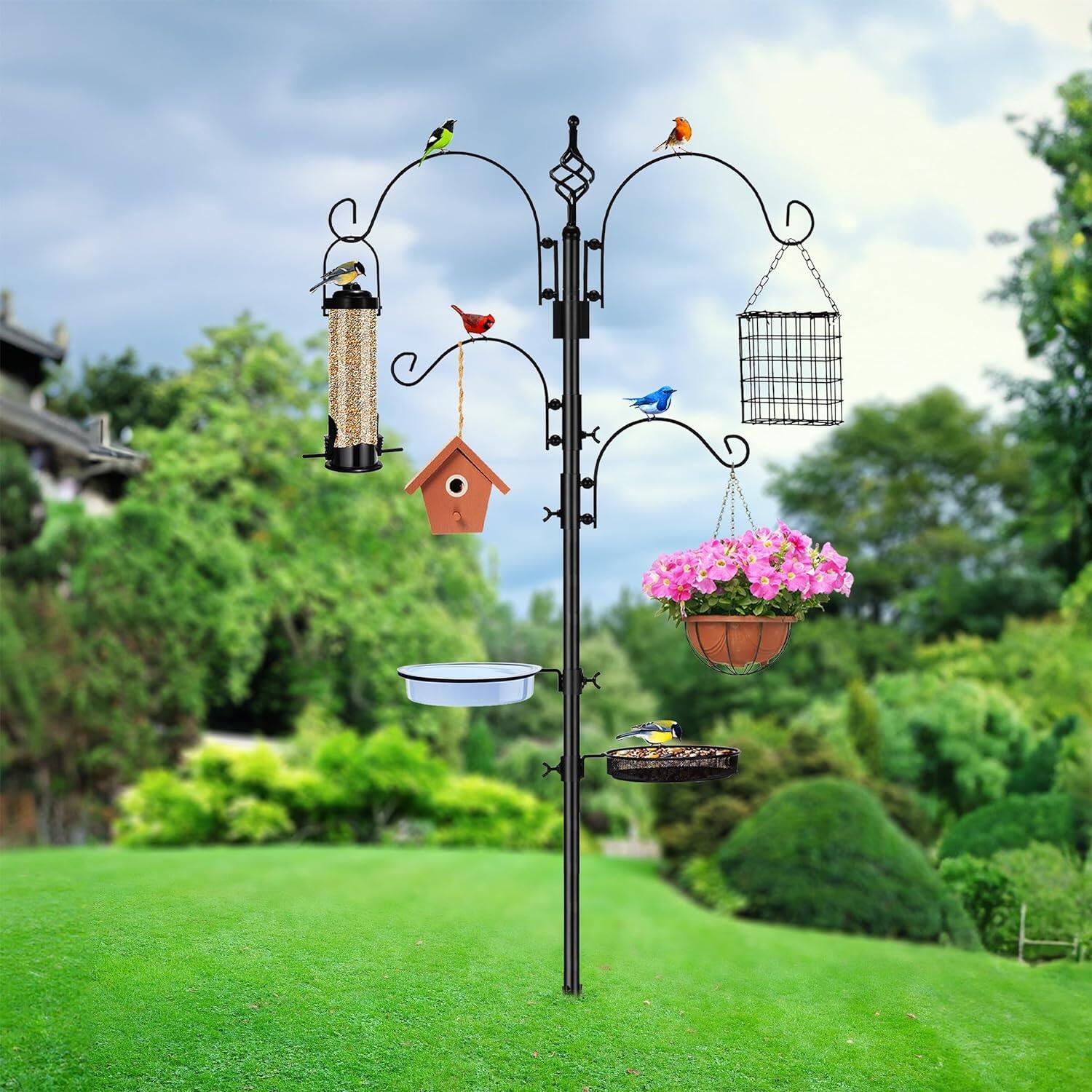 Alt View 4. Sorbus - Sorbus 7ft Tall Metal Pole Bird Feeder Stand - Attracts Wild Birds, Garden Decor, Includes Bird Bath & Mesh Food Tray - Black.