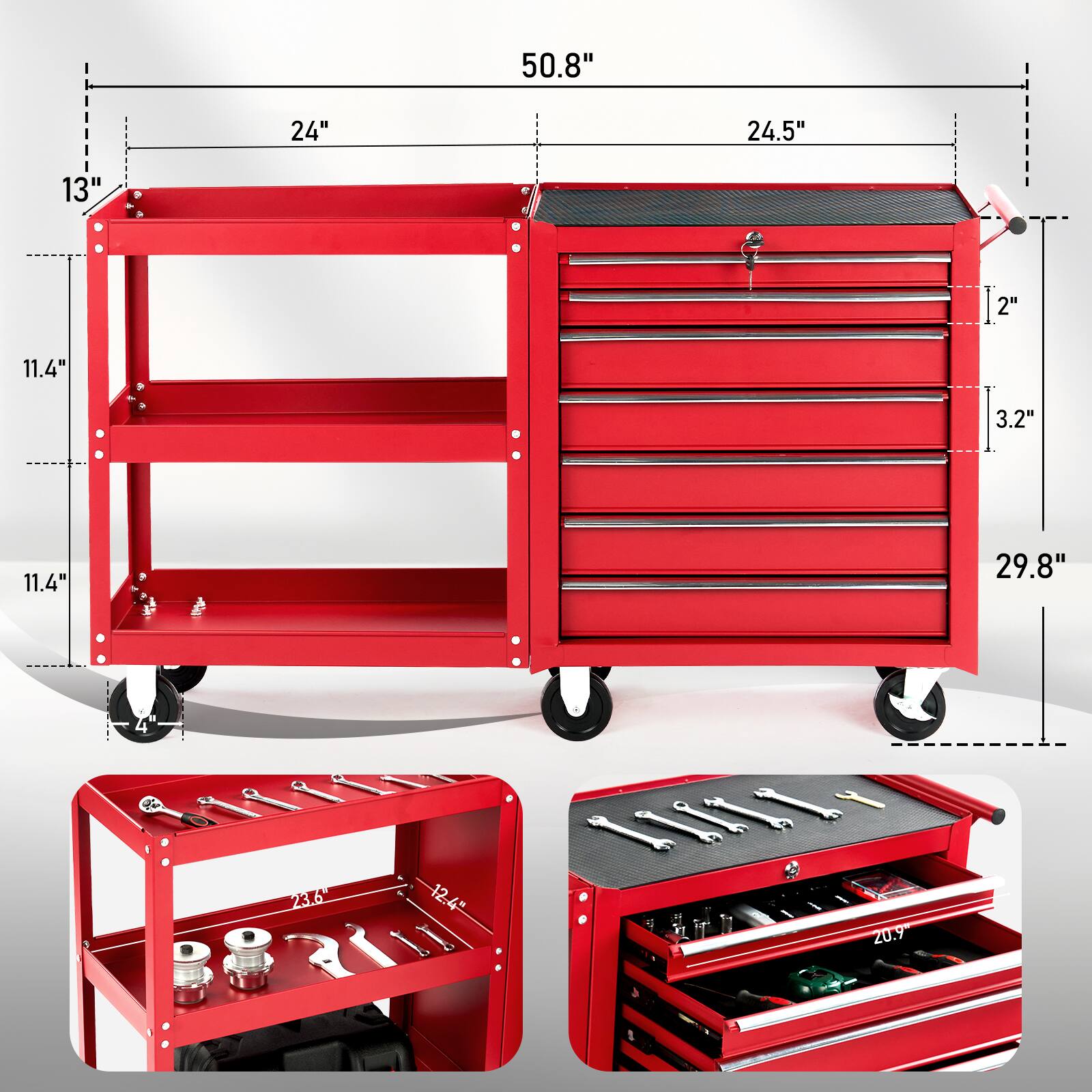 50.8"  
24"  
24.5"  
13"  
2"  
3.2"  
29.8"  
11.4"  
11.4"  
12.4"  
20.9"