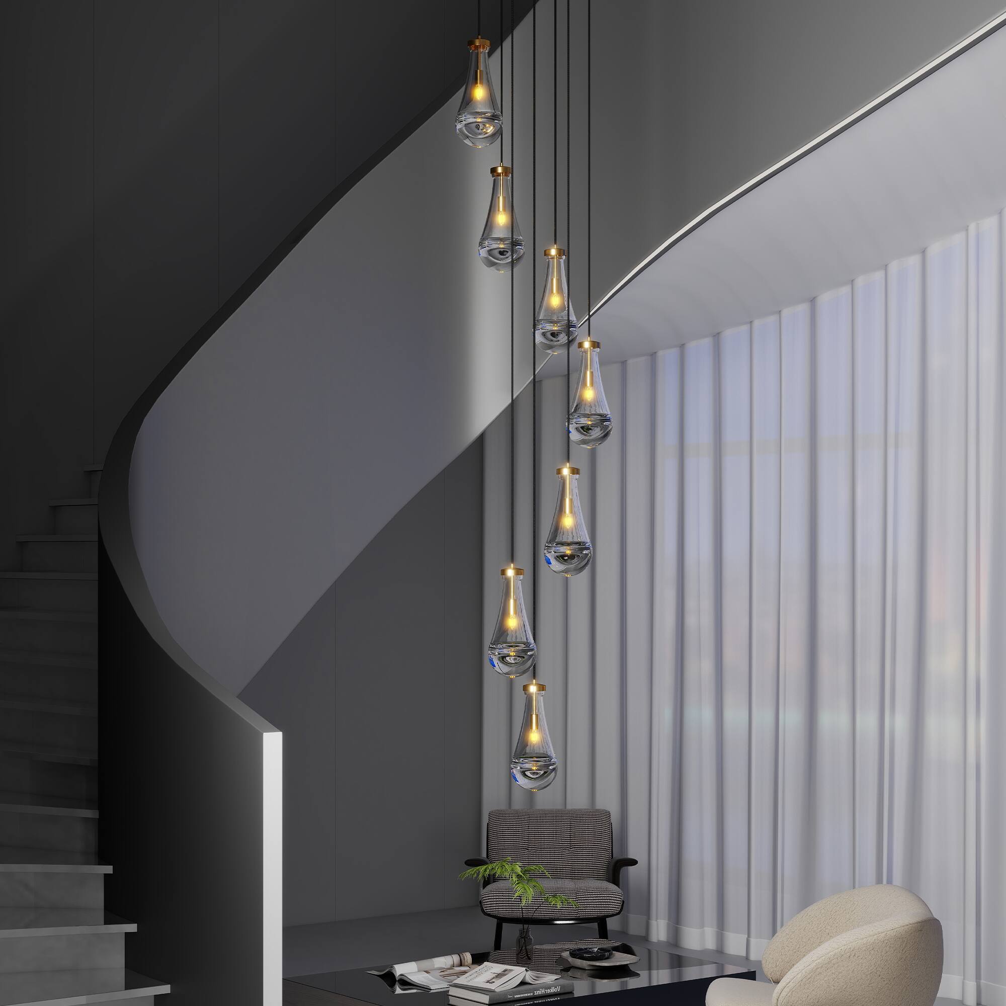 Left. Tiramisubest - 7 Light Dining Room Pendant Light,Large Chandelier Adjustable Hanging Line,for Living Room,Foyer,Stairwell,Bedroom,Gold.