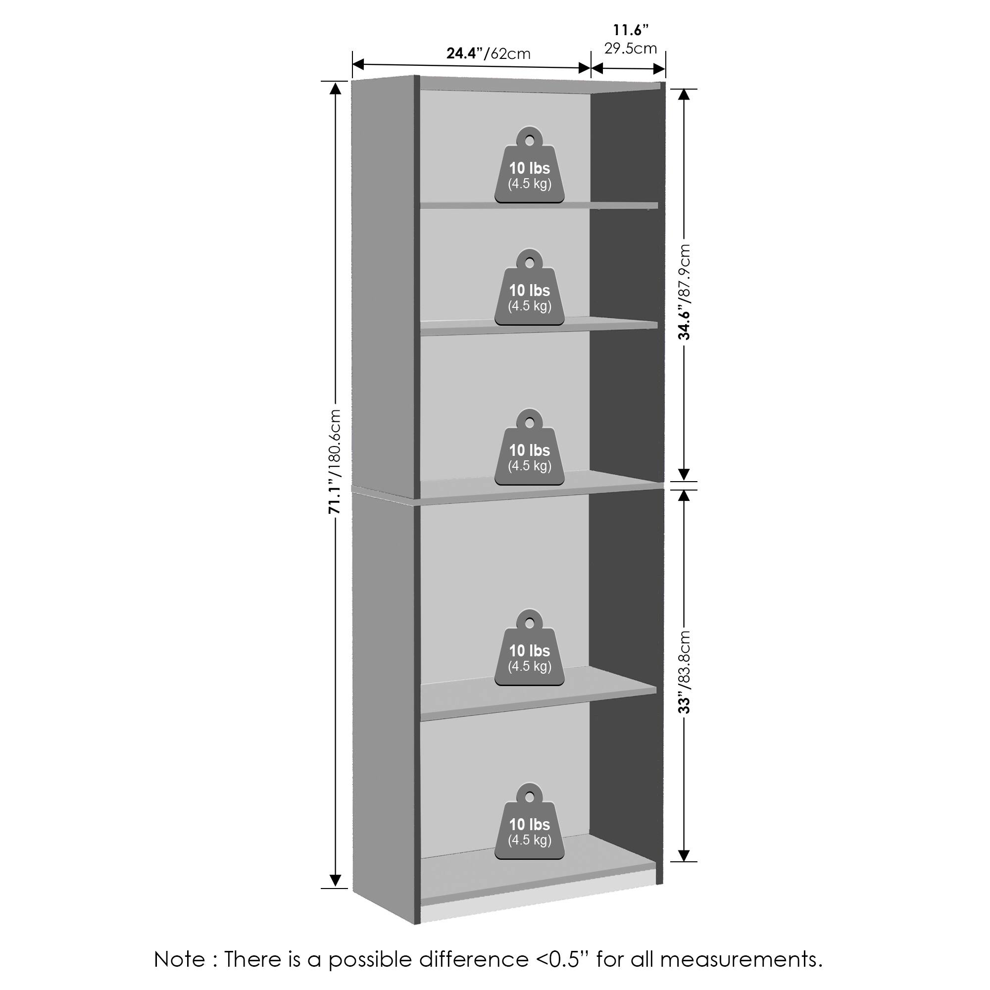 24.4" / 62cm  
11.6" / 29.5cm  
71.1" / 180.6cm  
34.6" / 87.9cm  
33" / 83.8cm  

10 lbs (4.5 kg)  
10 lbs (4.5 kg)  
10 lbs (4.5 kg)  
10 lbs (4.5 kg)  
10 lbs (4.5 kg)  

Note: There is a possible difference <0.5" for all measurements.