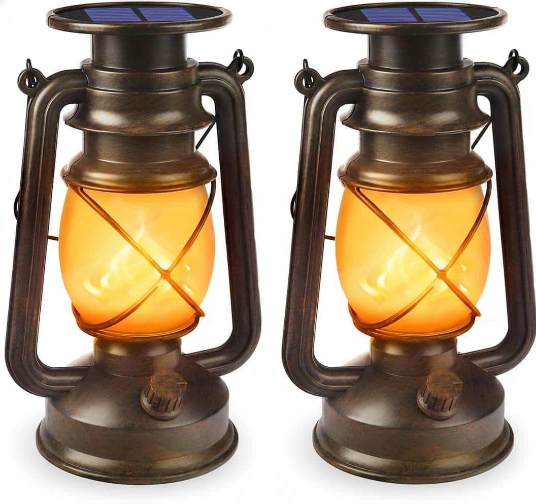 FINEAK - 6.3"L x 4.53"W x 9.25"H 2 Pack Vintage Solar Lanterns - Waterproof Dancing Flame LED Hanging Lights - Bronze